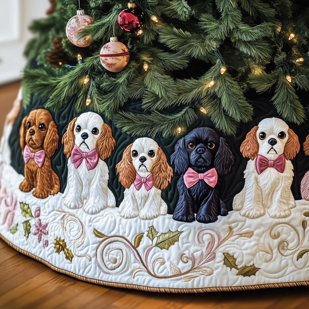 Cavaliers with Pink Bows on White Christmas Tree Skirt