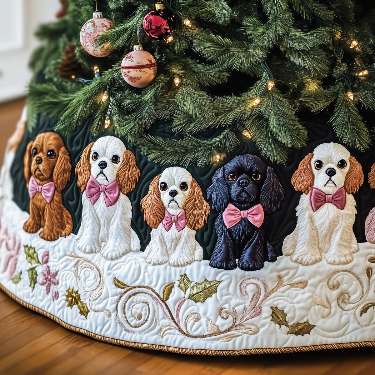 Cavaliers with Pink Bows on White Christmas Tree Skirt