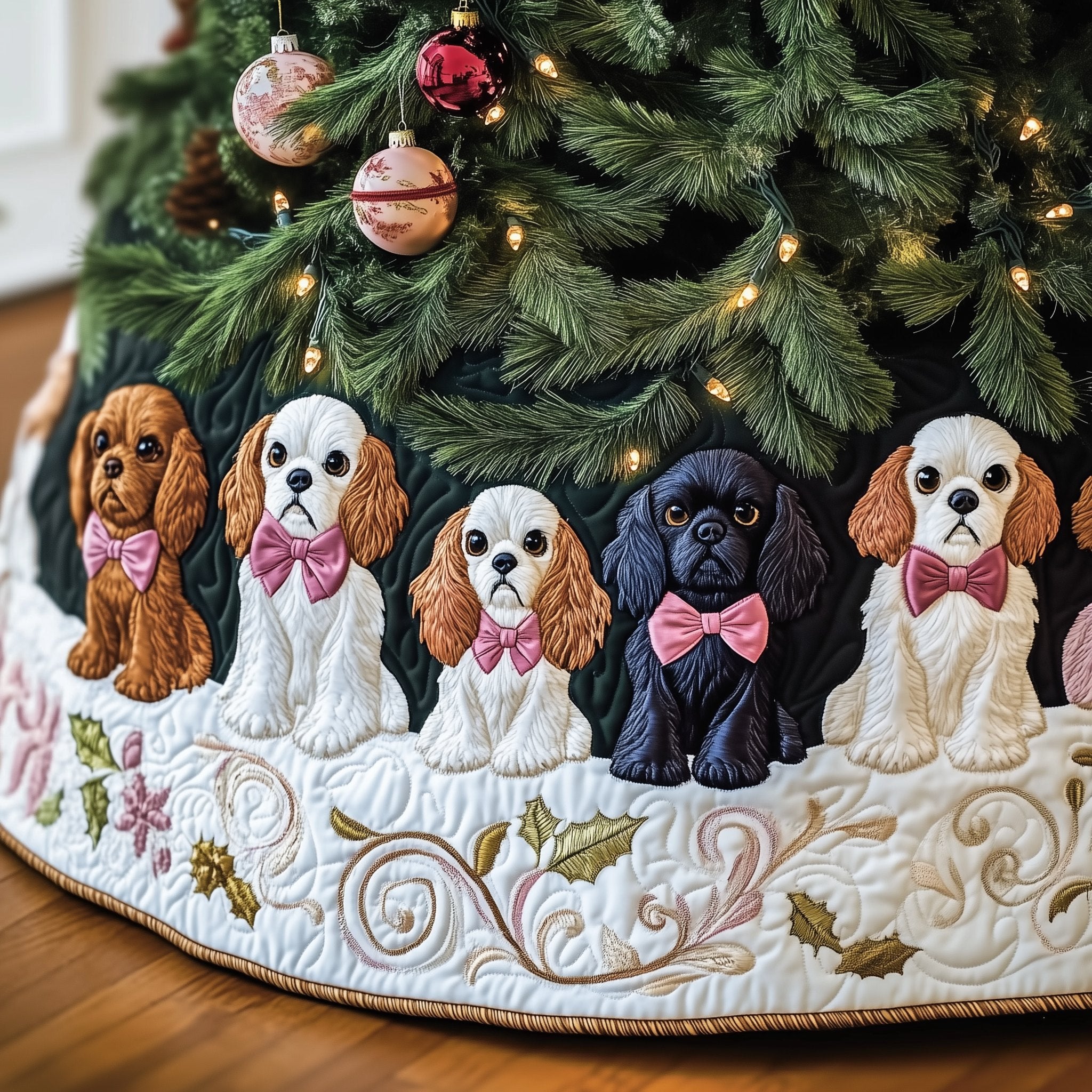 Cavaliers with Pink Bows on White Christmas Tree Skirt