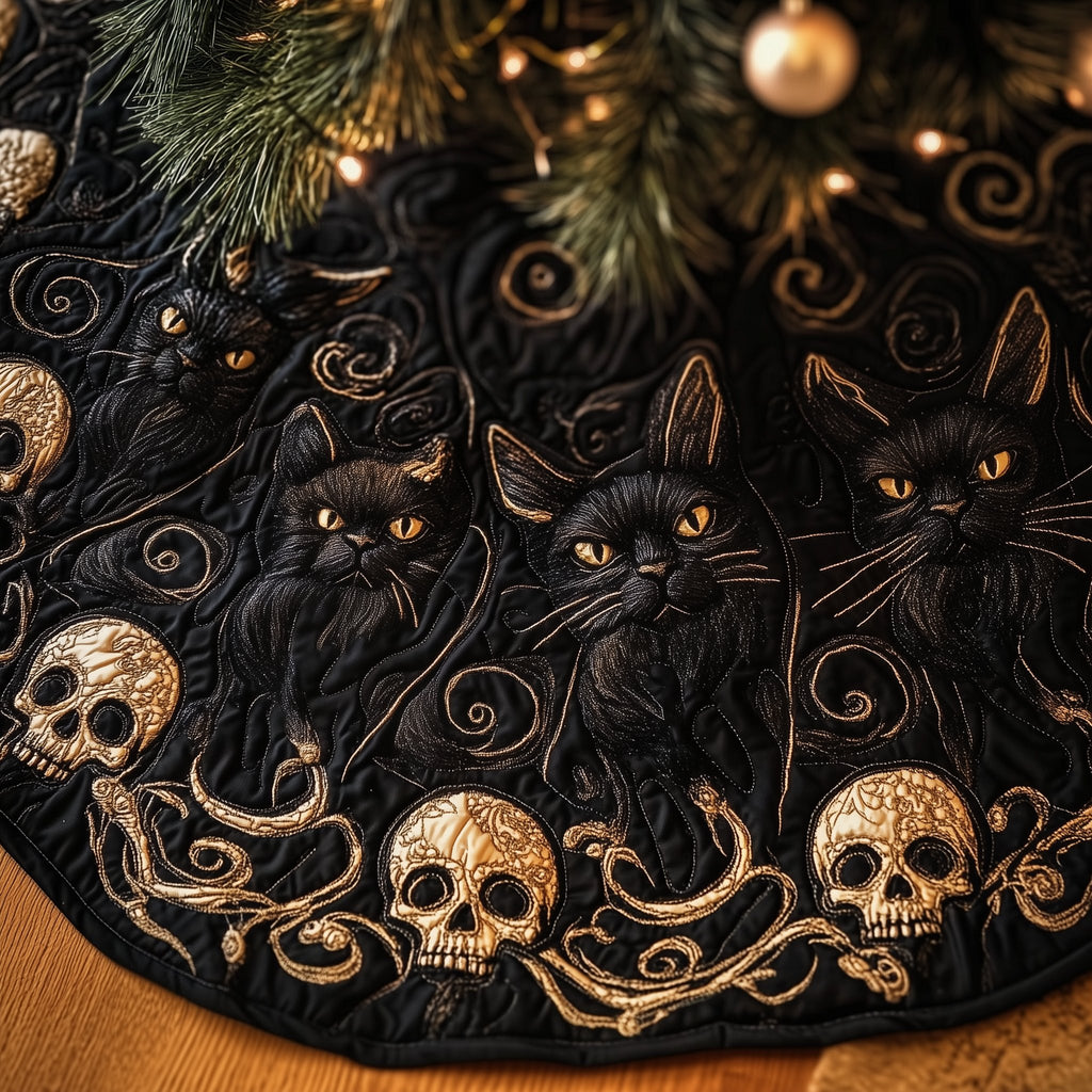 Black Cats and Gilded Skulls Christmas Tree Skirt