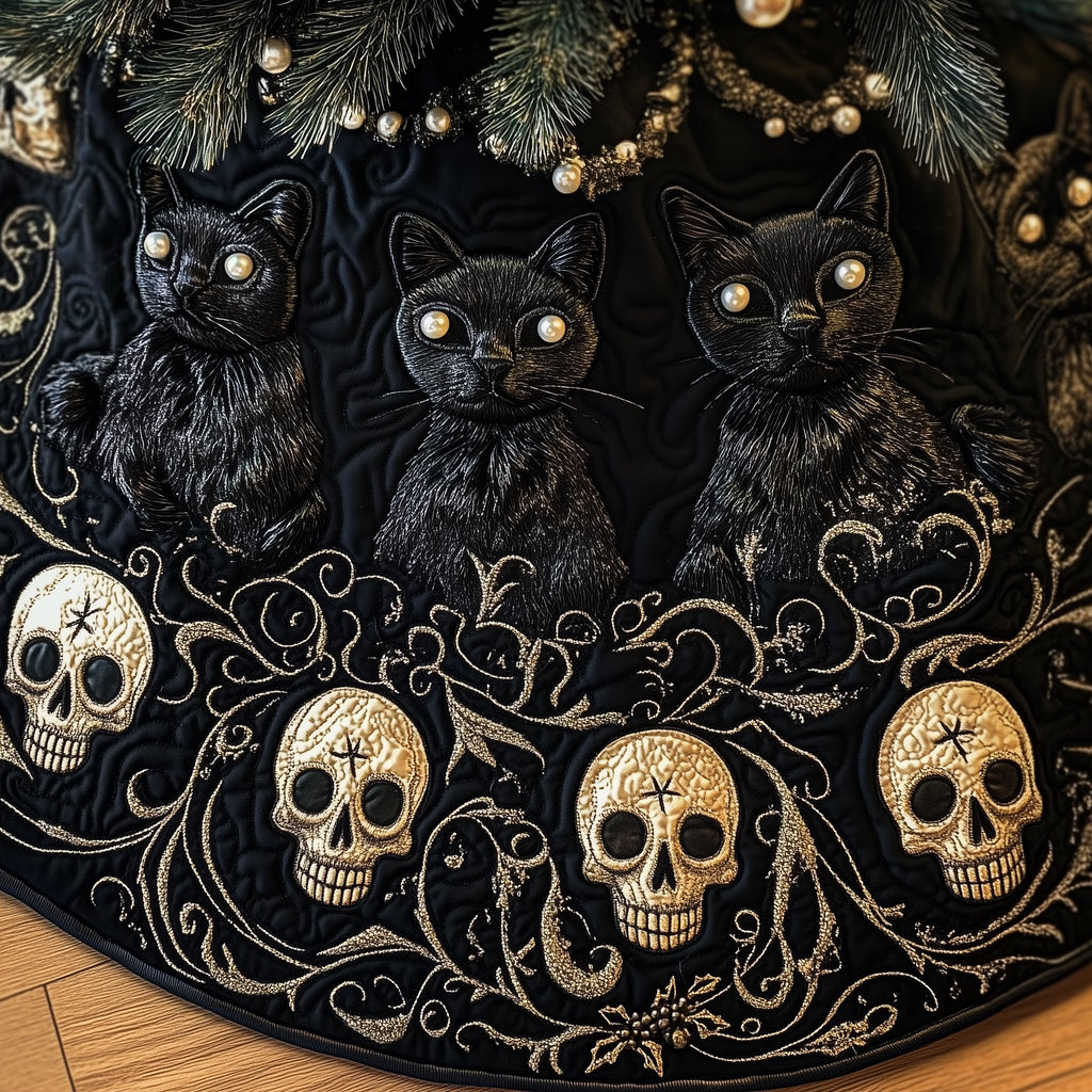 Midnight Kittens with Skulls Christmas Tree Skirt