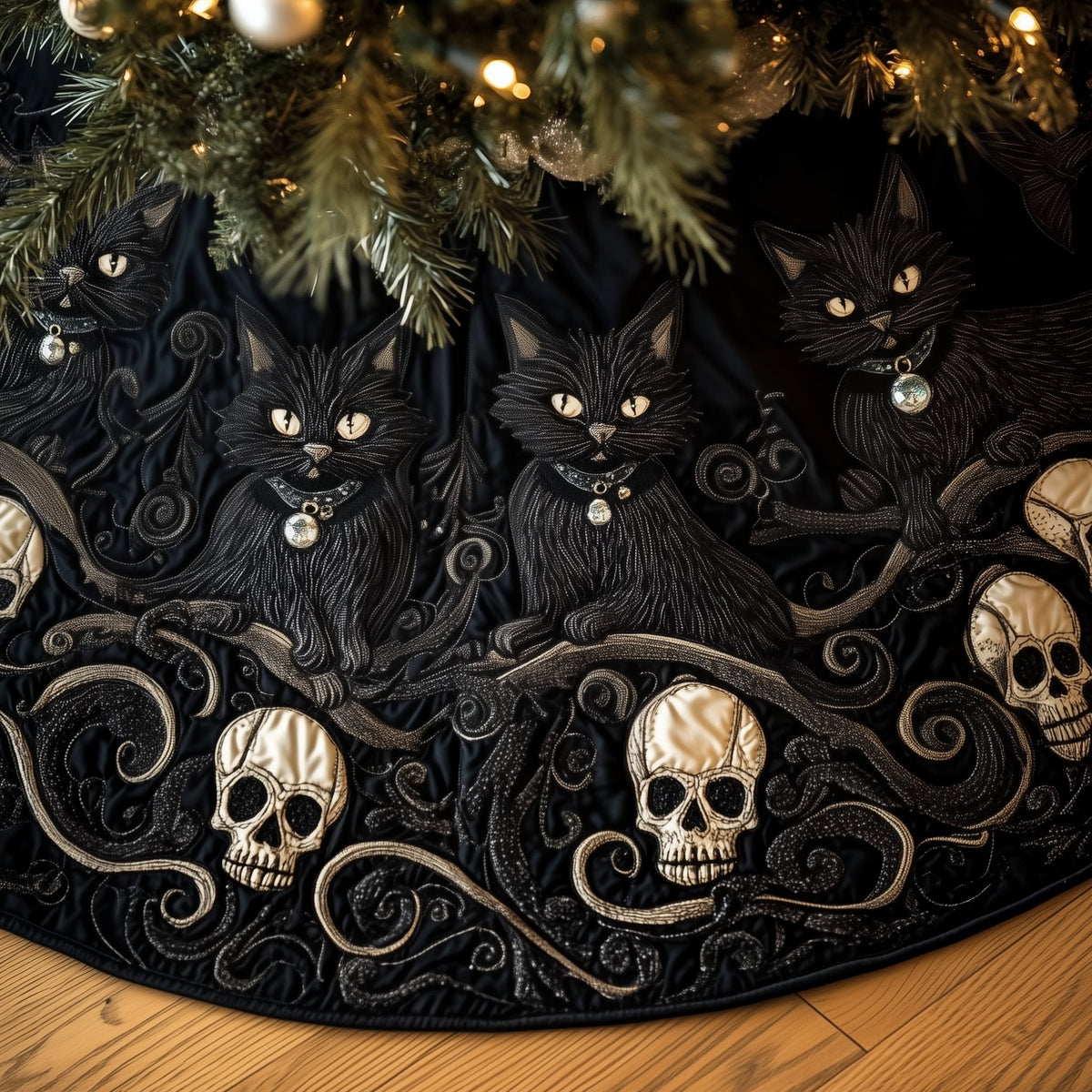 Gothic Cats in Silver Filigree Christmas Tree Skirt