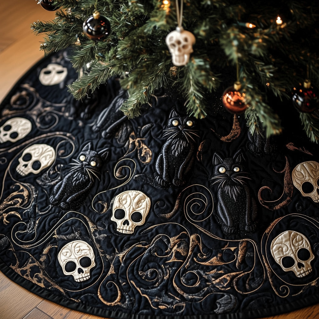 Black Cats with Ivory Skulls Christmas Tree Skirt
