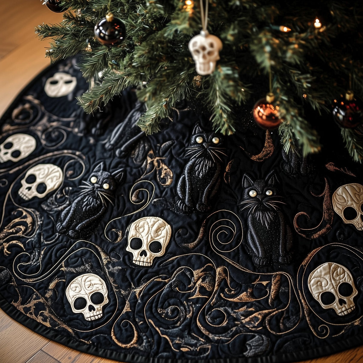 Black Cats with Ivory Skulls Christmas Tree Skirt