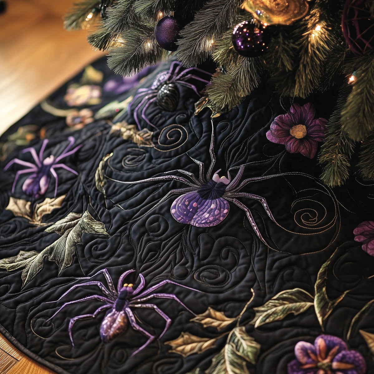 Amethyst Spiders and Golden Ivy Christmas Tree Skirt