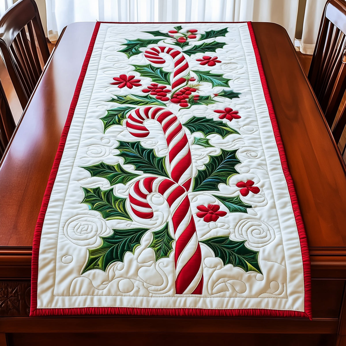 Candy Canes with Holly and Berries Table Runner