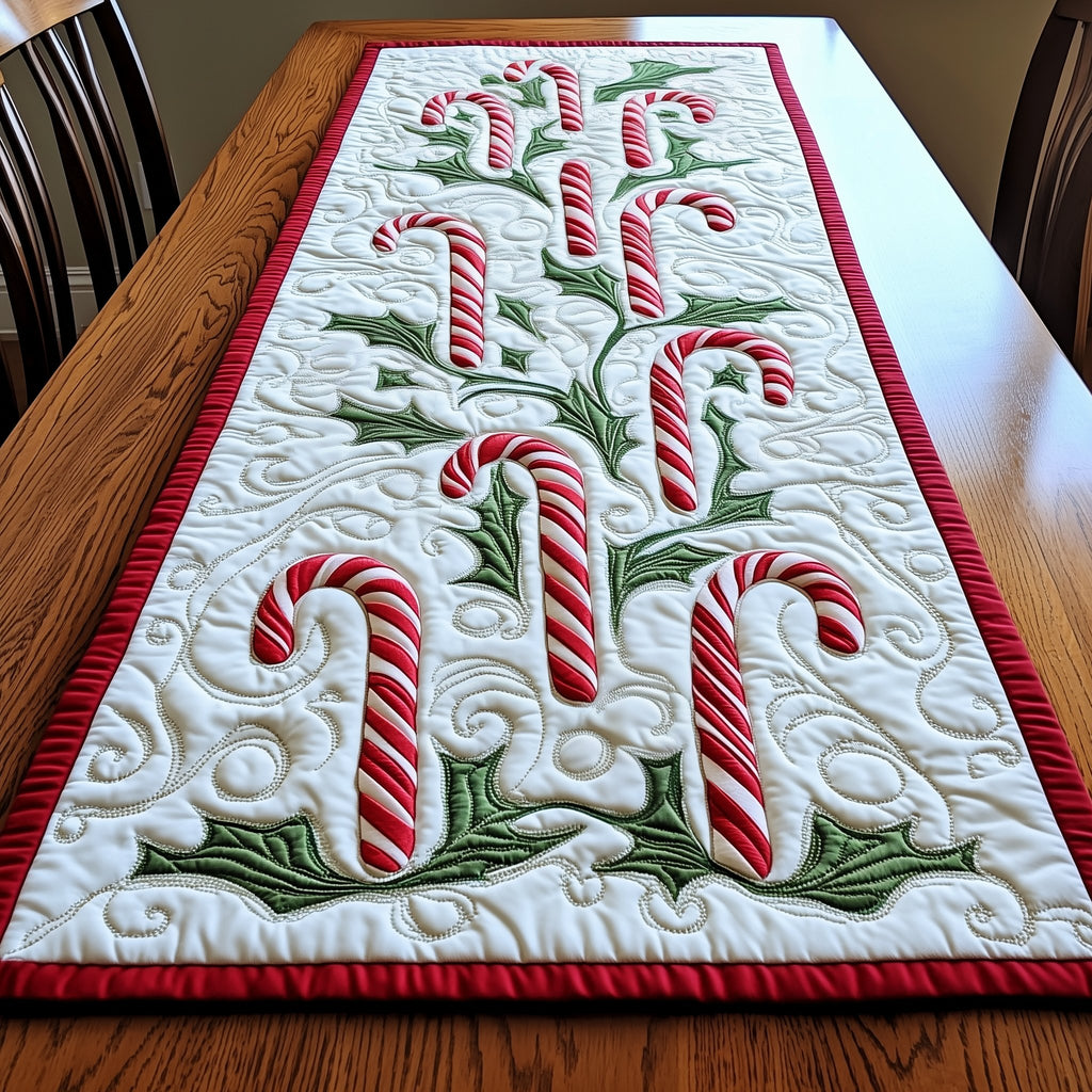 Three Candy Canes with Green Leaves Table Runner