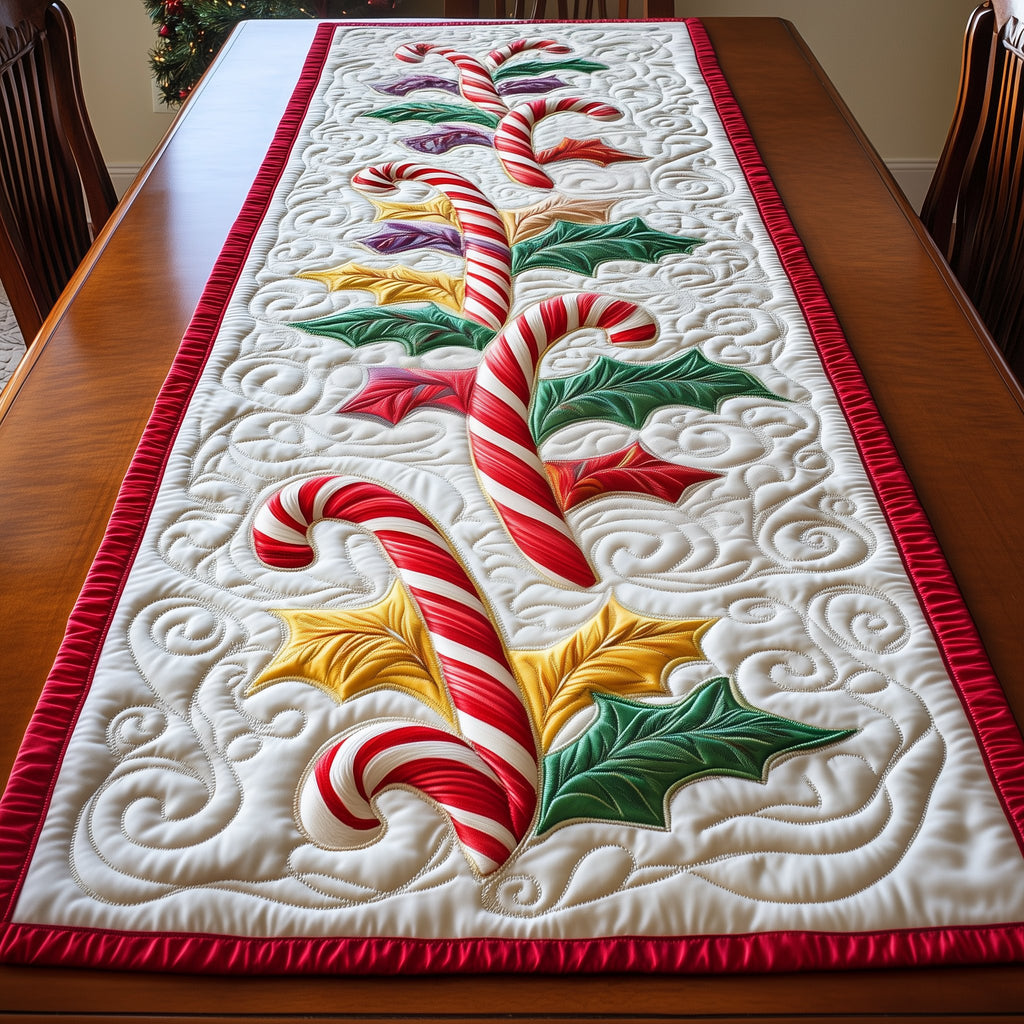 Candy Canes with Golden Leaves Table Runner