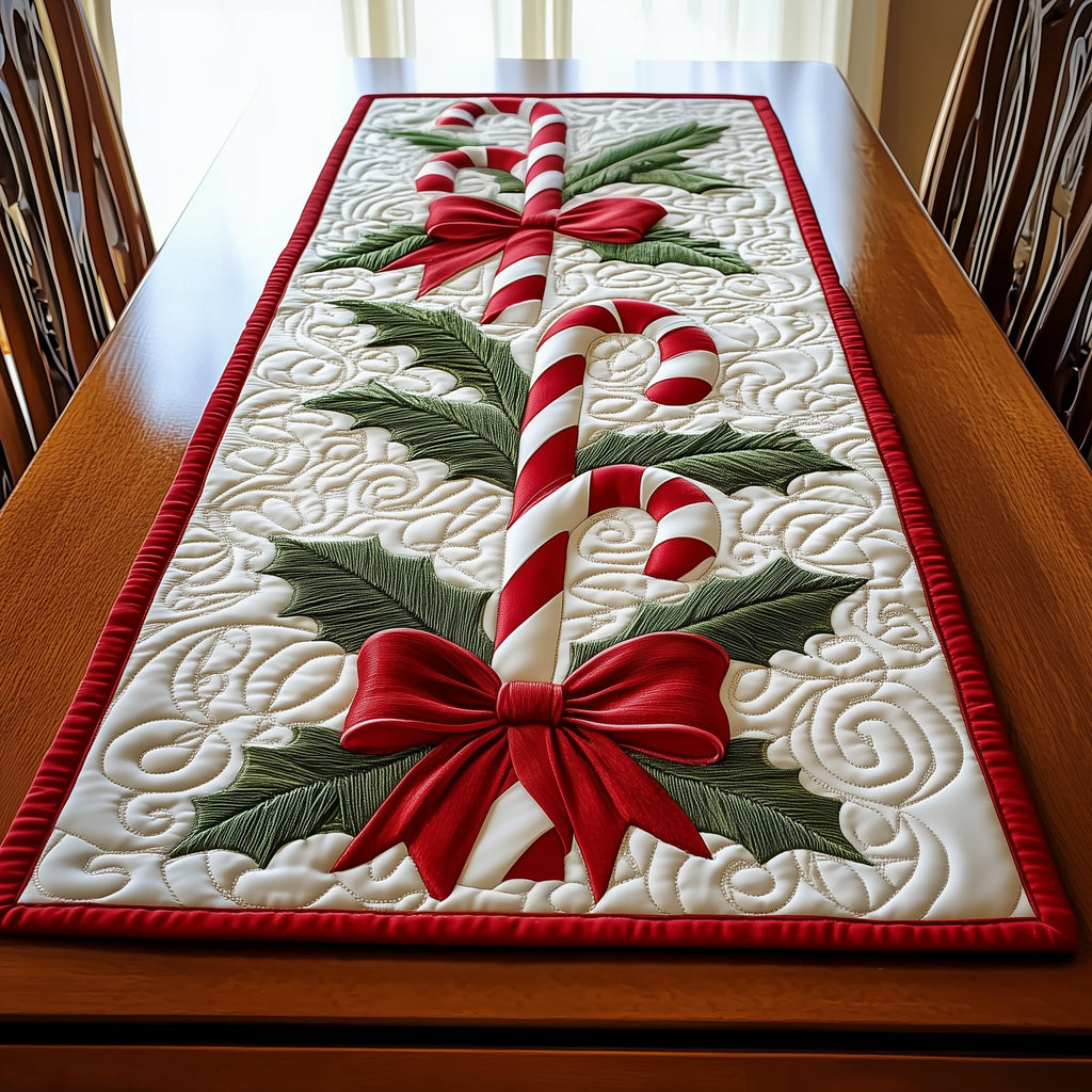 Candy Canes with Red Bow and Holly Table Runner