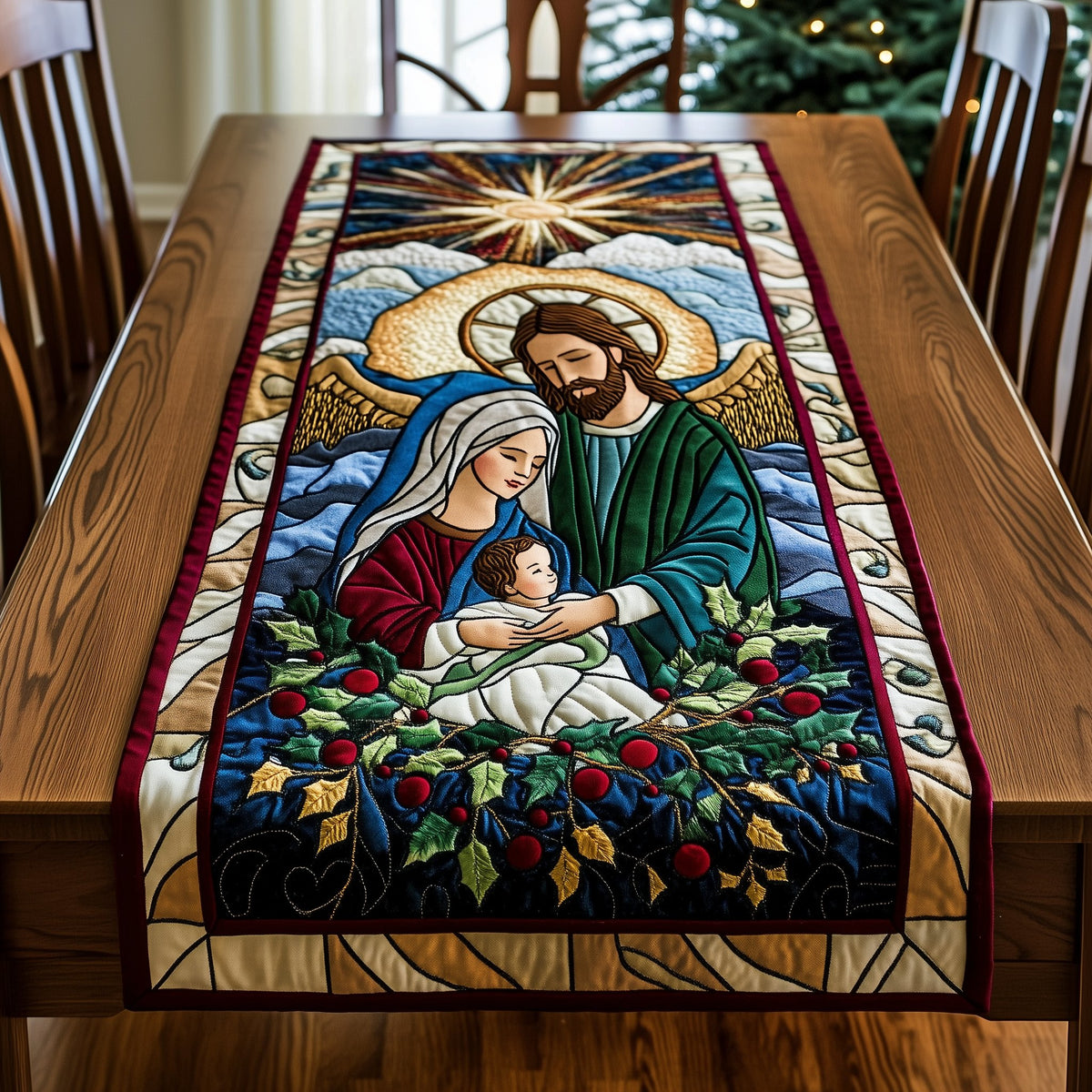 Holy Family in a Stained Glass Garden Table Runner