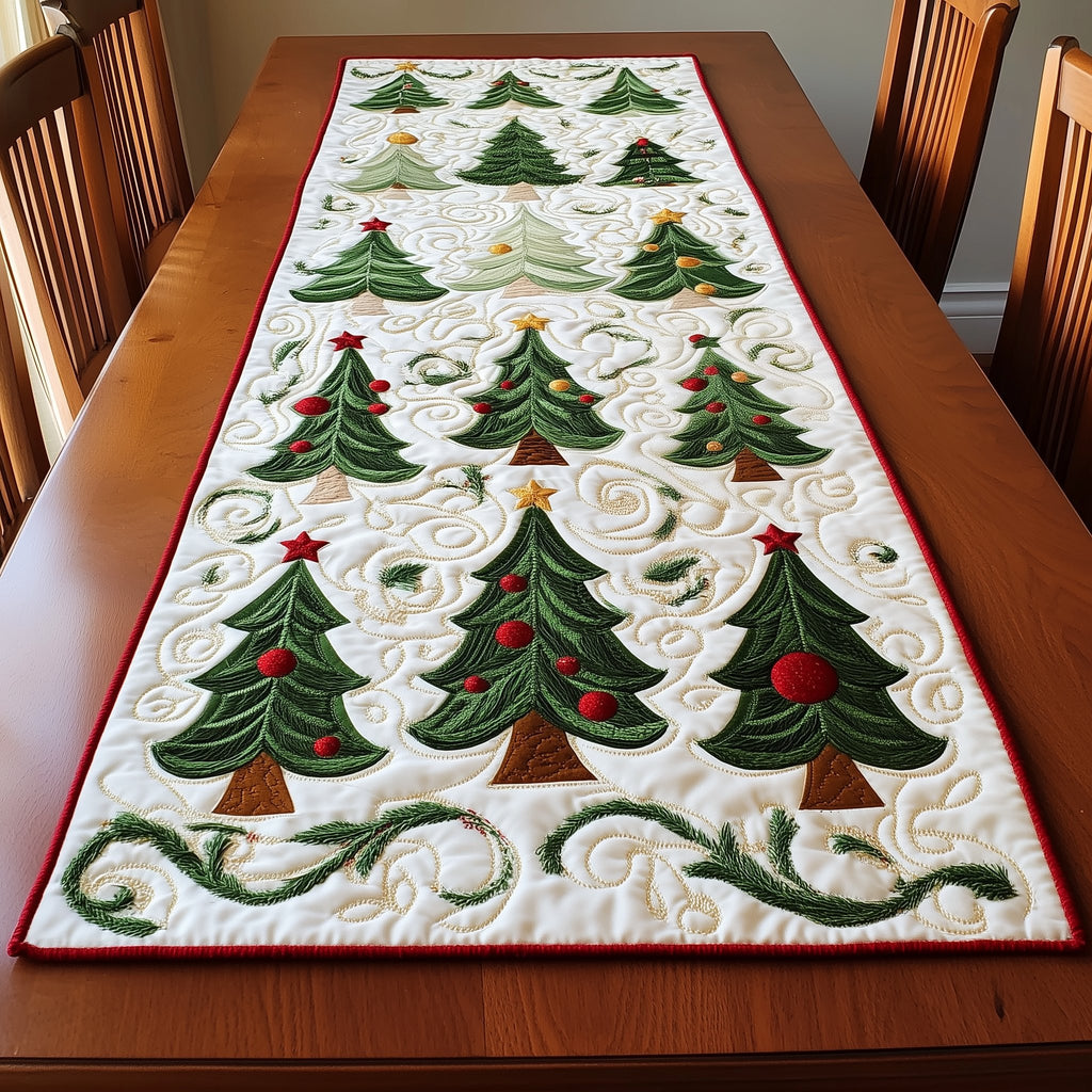 Three Green Trees with Red Baubles Table Runner
