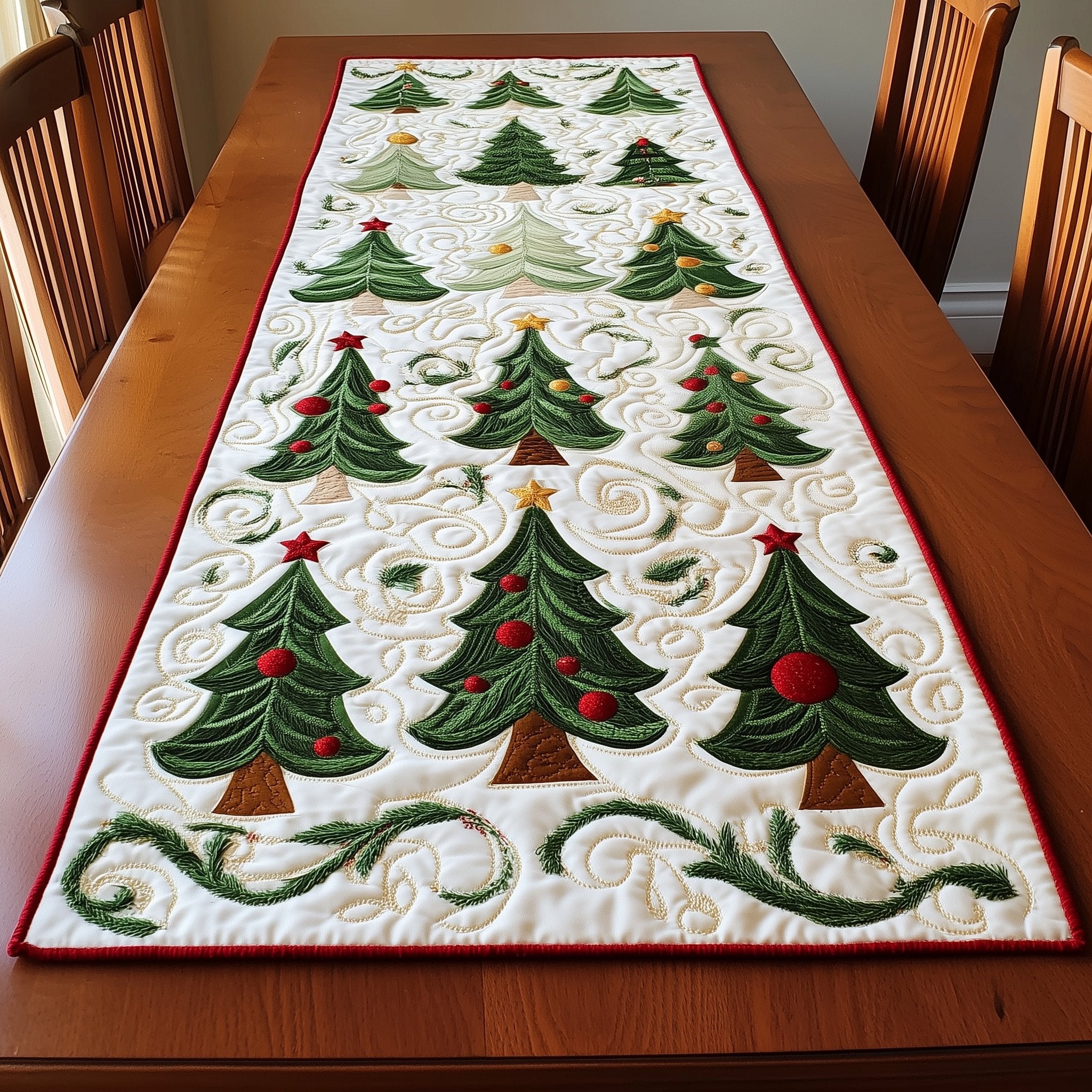 Three Green Trees with Red Baubles Table Runner