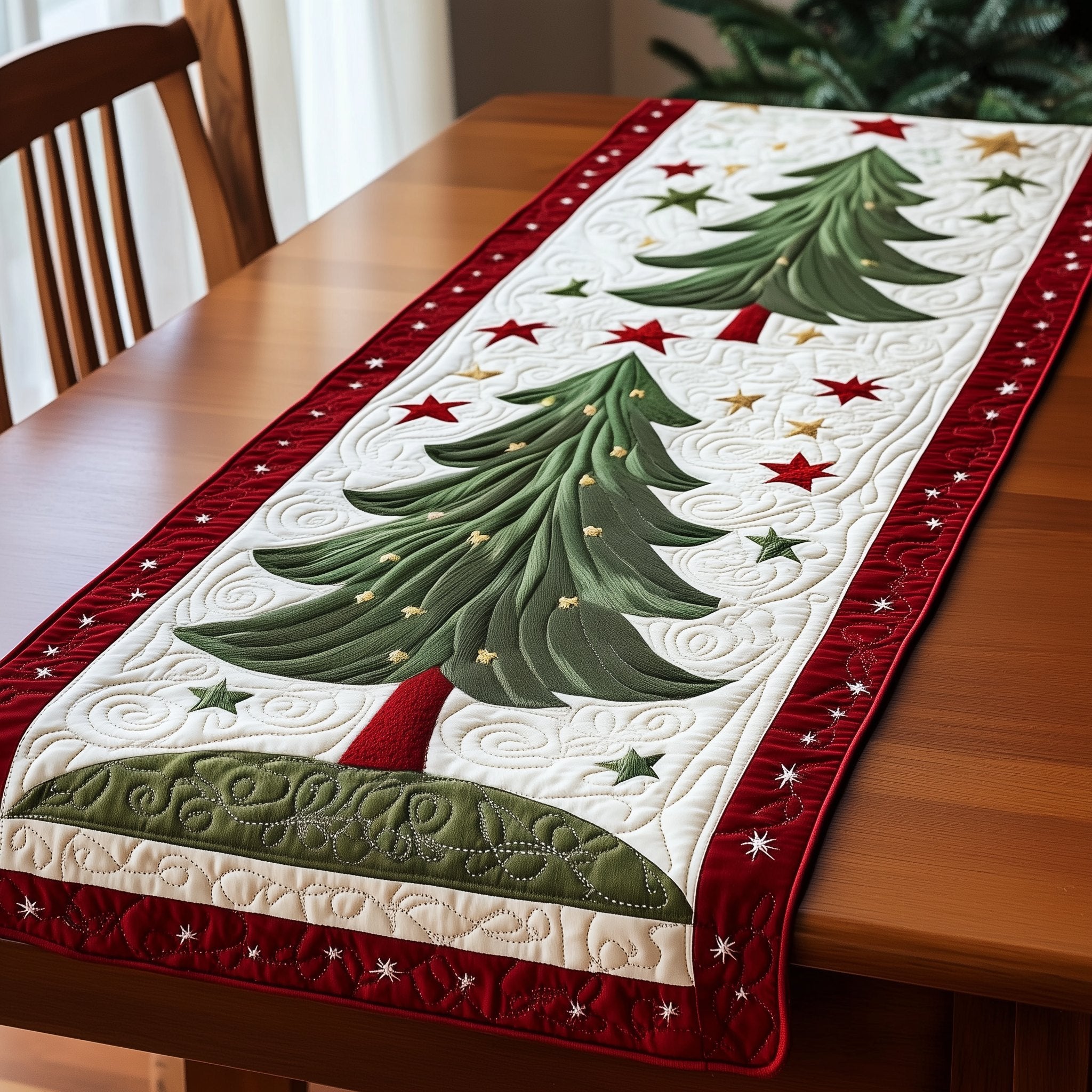 Green Tree with Red Star Border Table Runner
