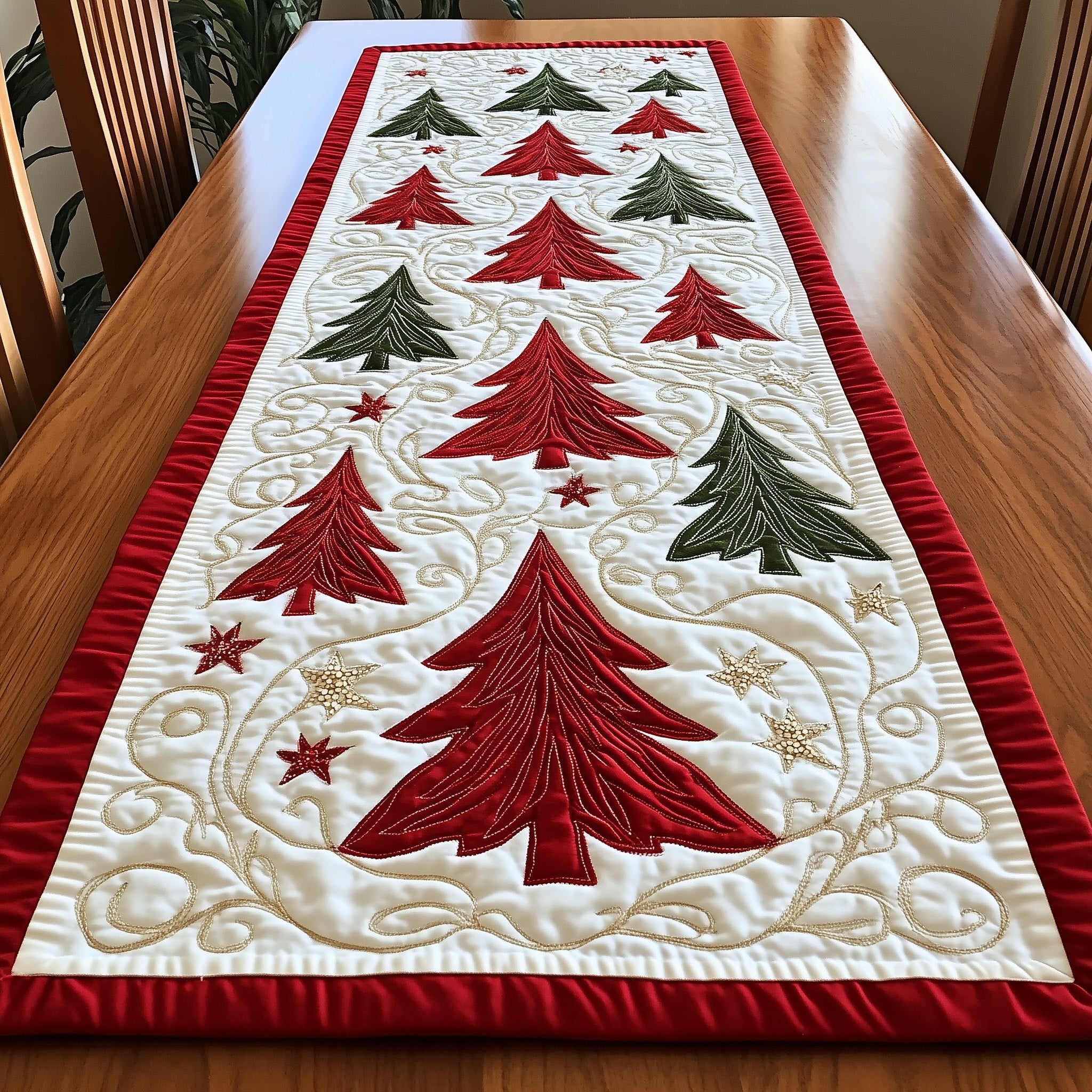 Red Trees on Cream with Stars Table Runner
