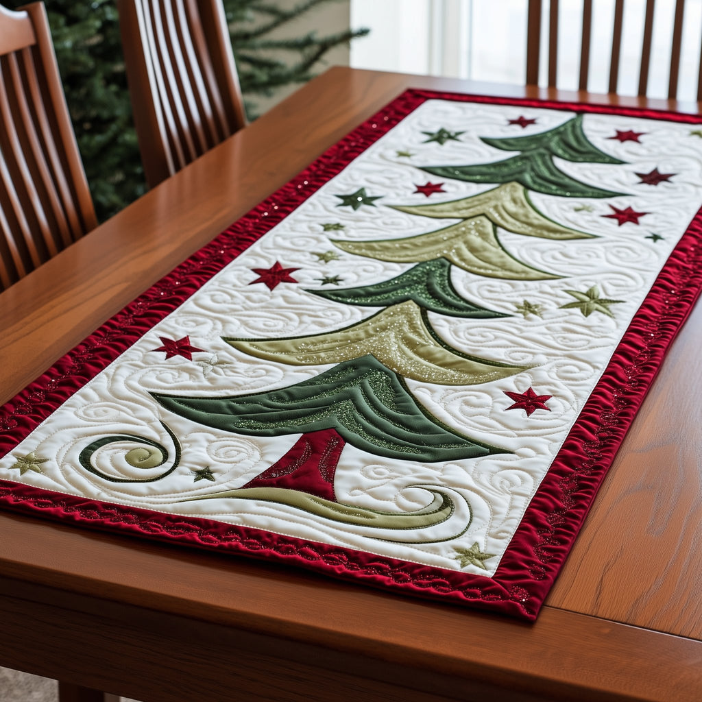 Swirling Green Trees with Stars Table Runner
