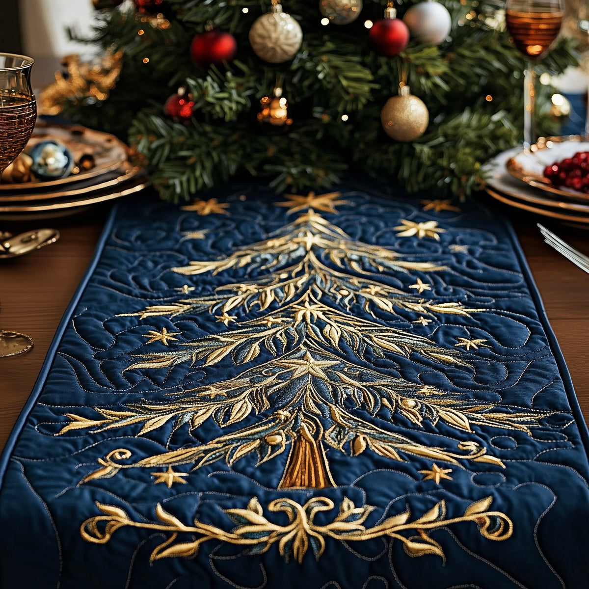 Golden Tree on Navy Velvet Table Runner