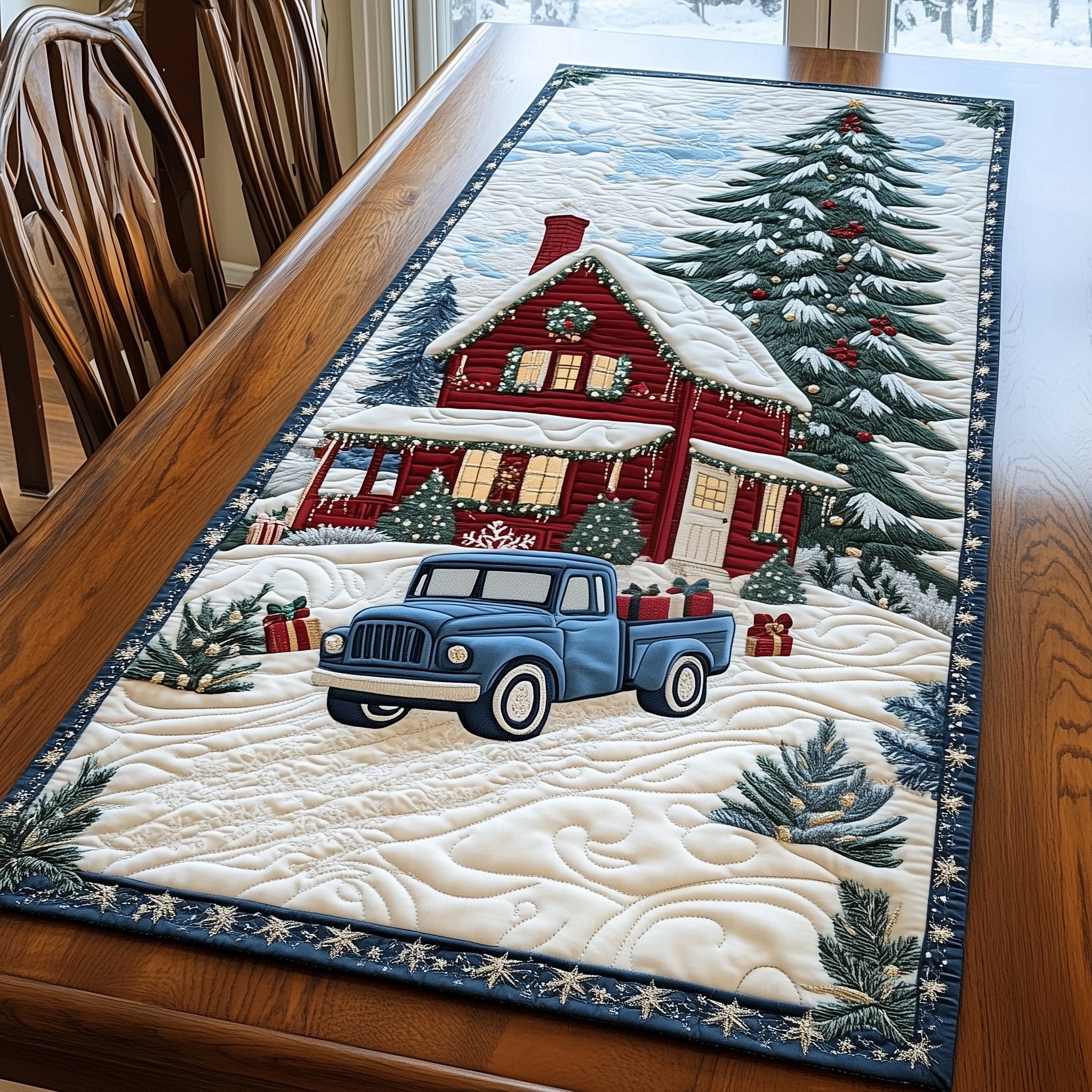 Snow Cabin and Truck Table Runner