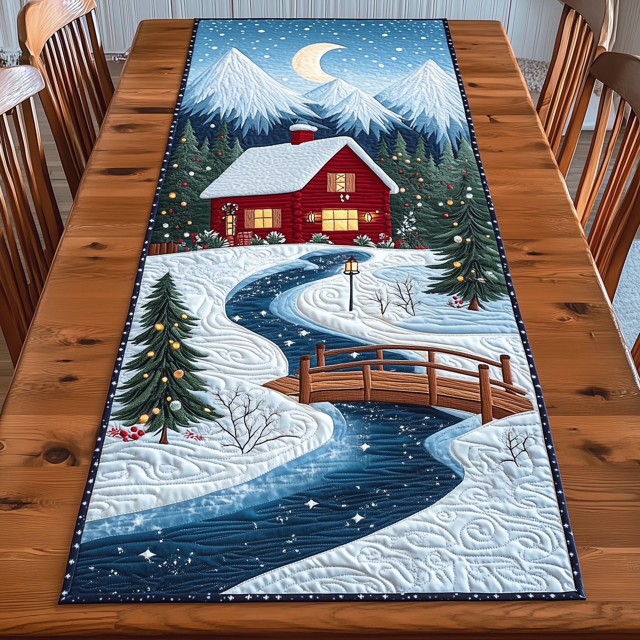 Peaceful Snow Cabin Table Runner
