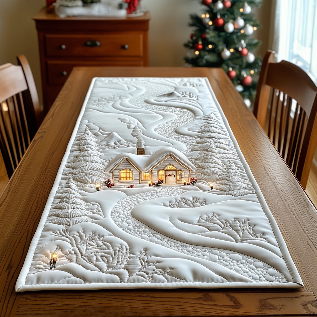 Snow Cottage with Lit Windows Table Runner