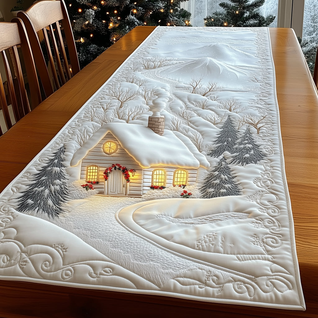 White Cabin with a Wreath Table Runner