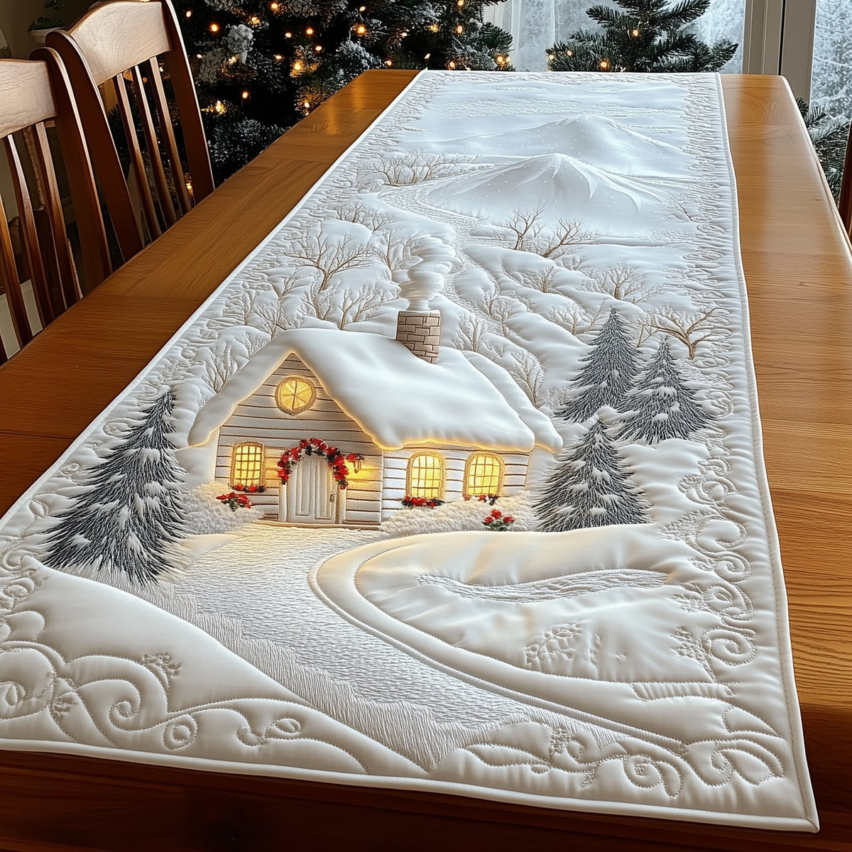 White Cabin with a Wreath Table Runner
