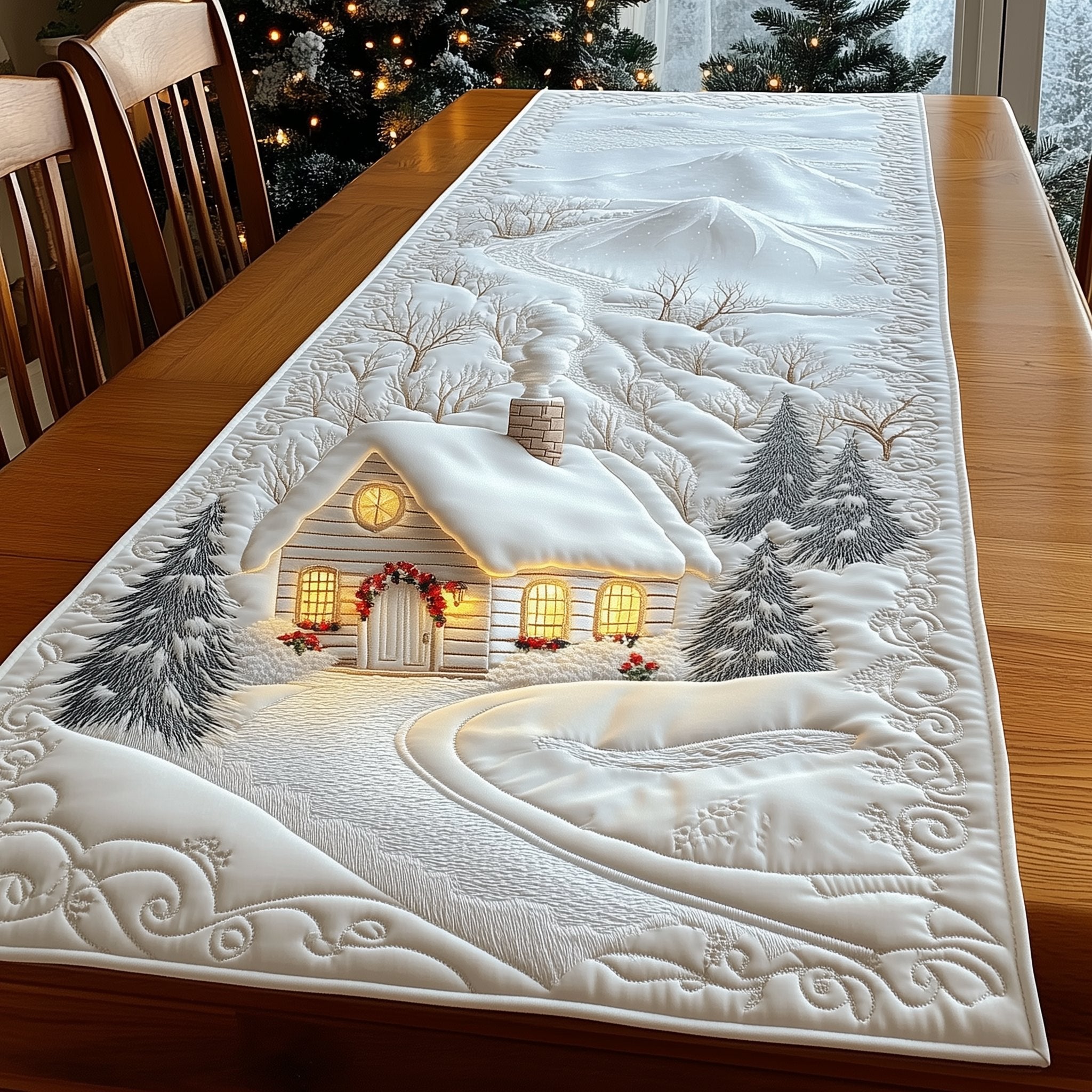 White Cabin with a Wreath Table Runner