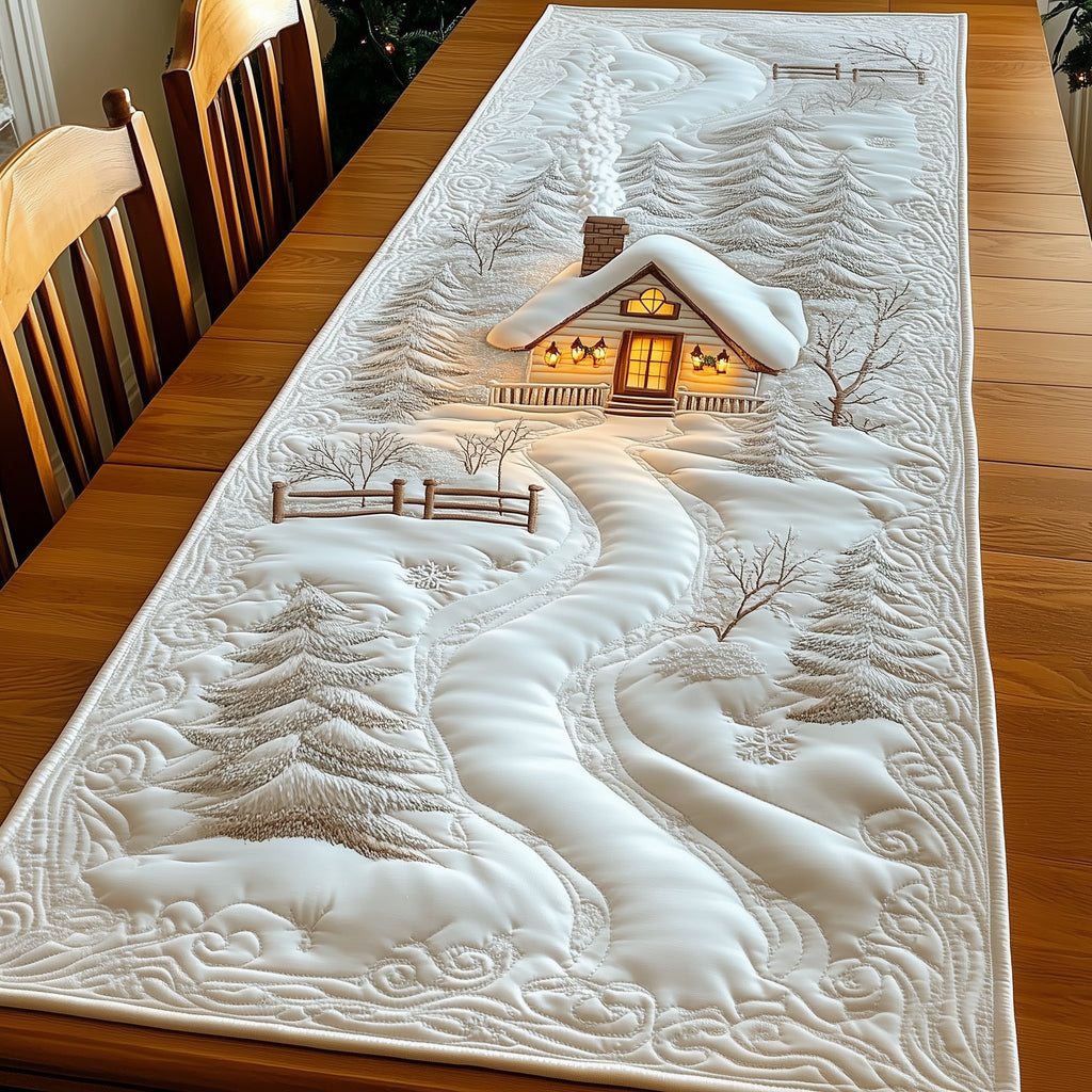 Cabin Beside a Snowy Fence Table Runner