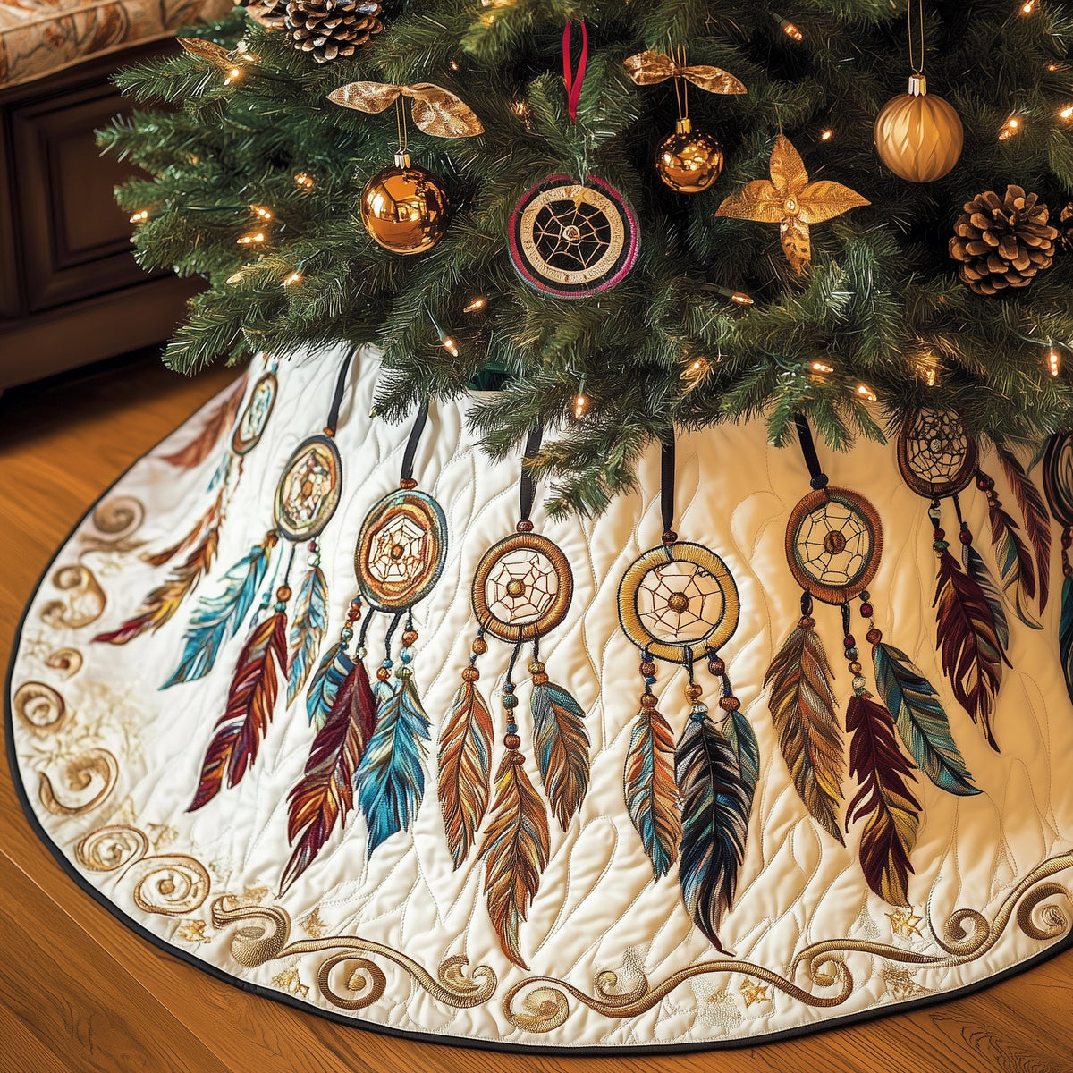 Dreamcatchers with Feathers on Cream Christmas Tree Skirt