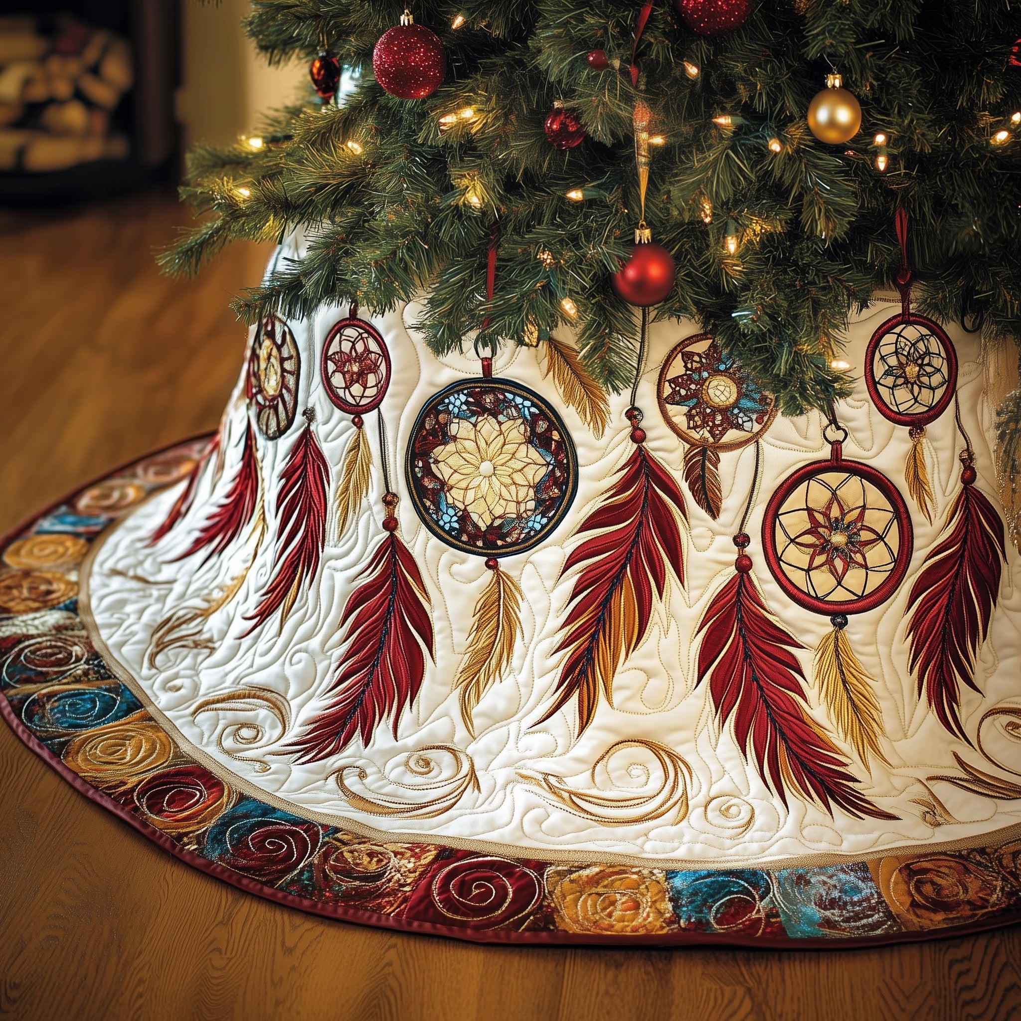 Dreamcatchers with Crimson Feathers Christmas Tree Skirt