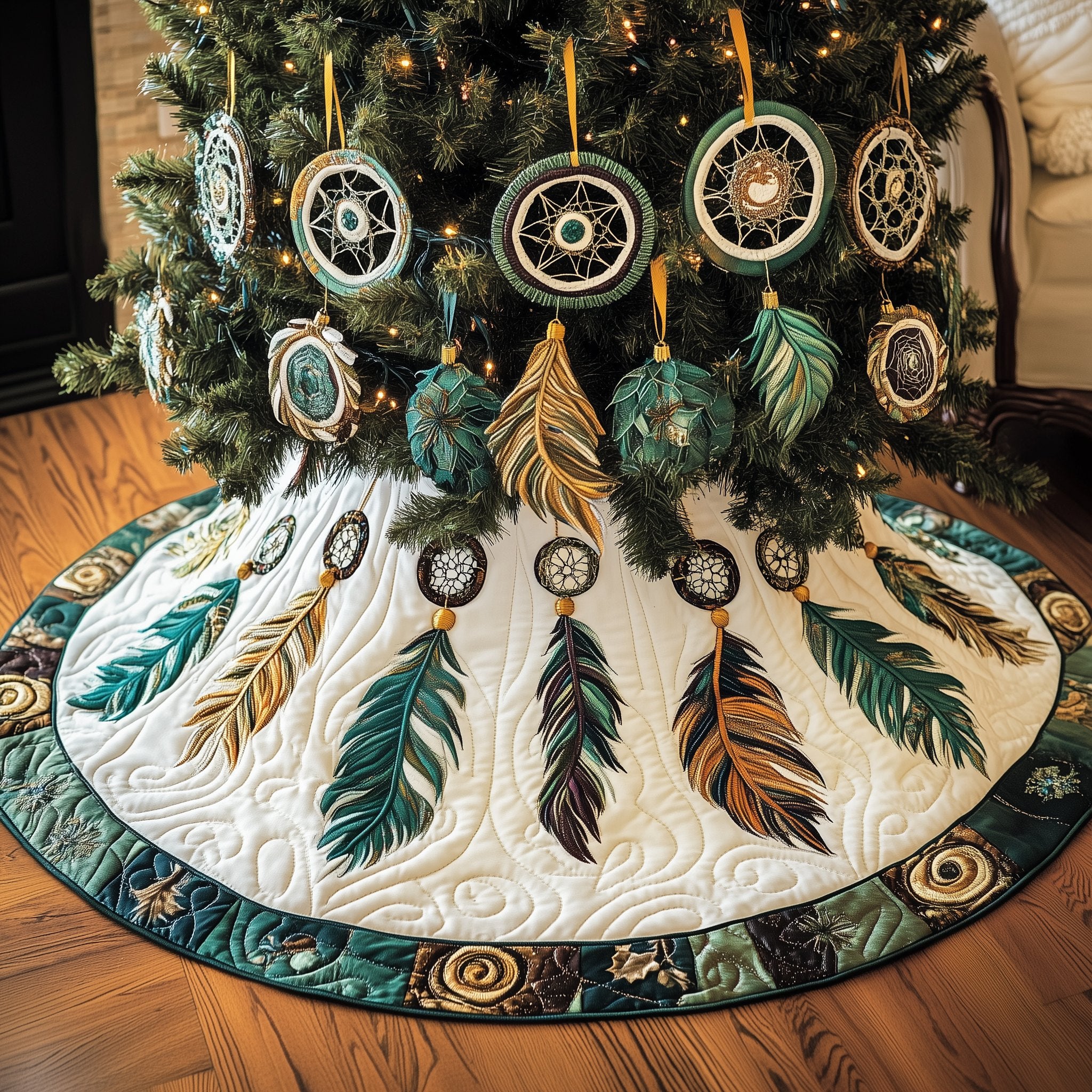 Dreamcatchers with Teal Feathers Christmas Tree Skirt
