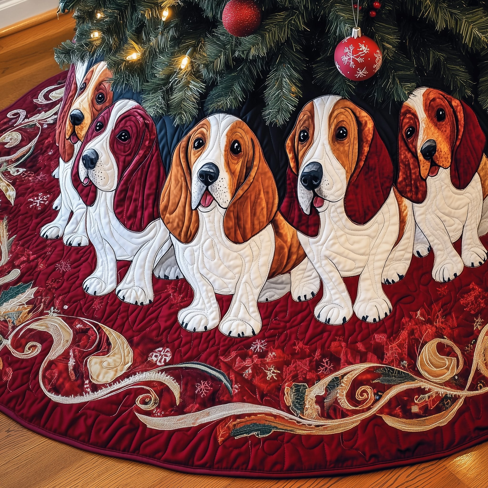 Basset Hounds on Red Swirl Christmas Tree Skirt