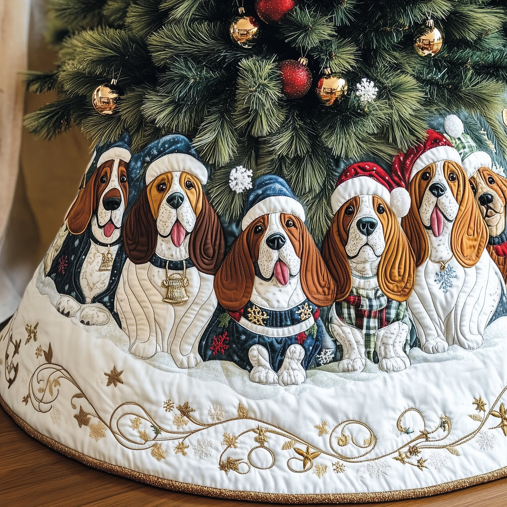 Basset Hounds in Santa Hats White Christmas Tree Skirt