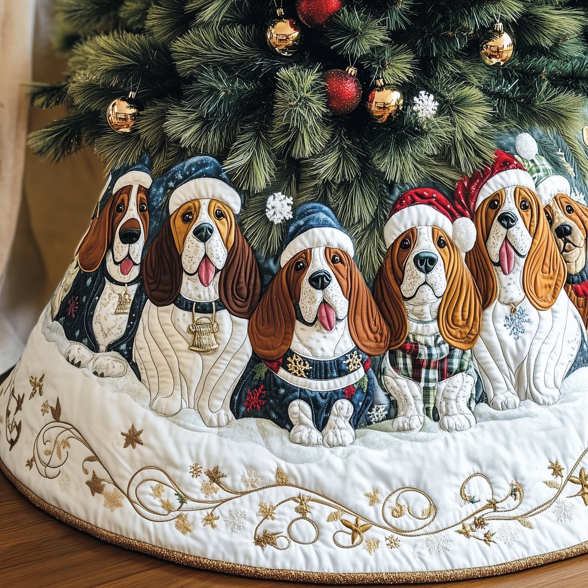 Basset Hounds in Santa Hats White Christmas Tree Skirt