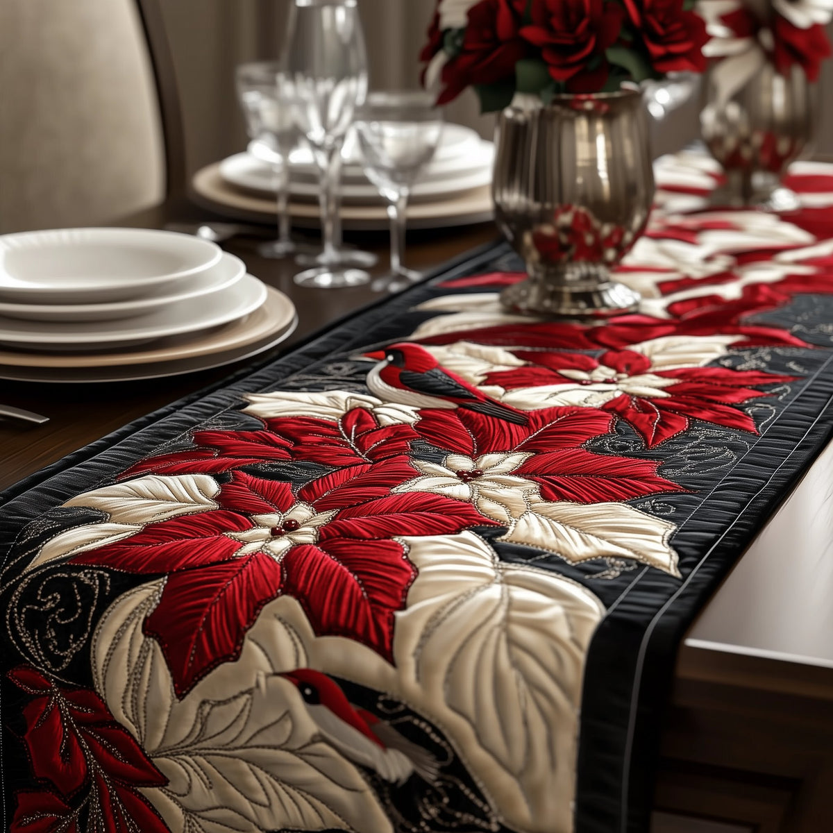 Red and Cream Poinsettias on Black Table Runner