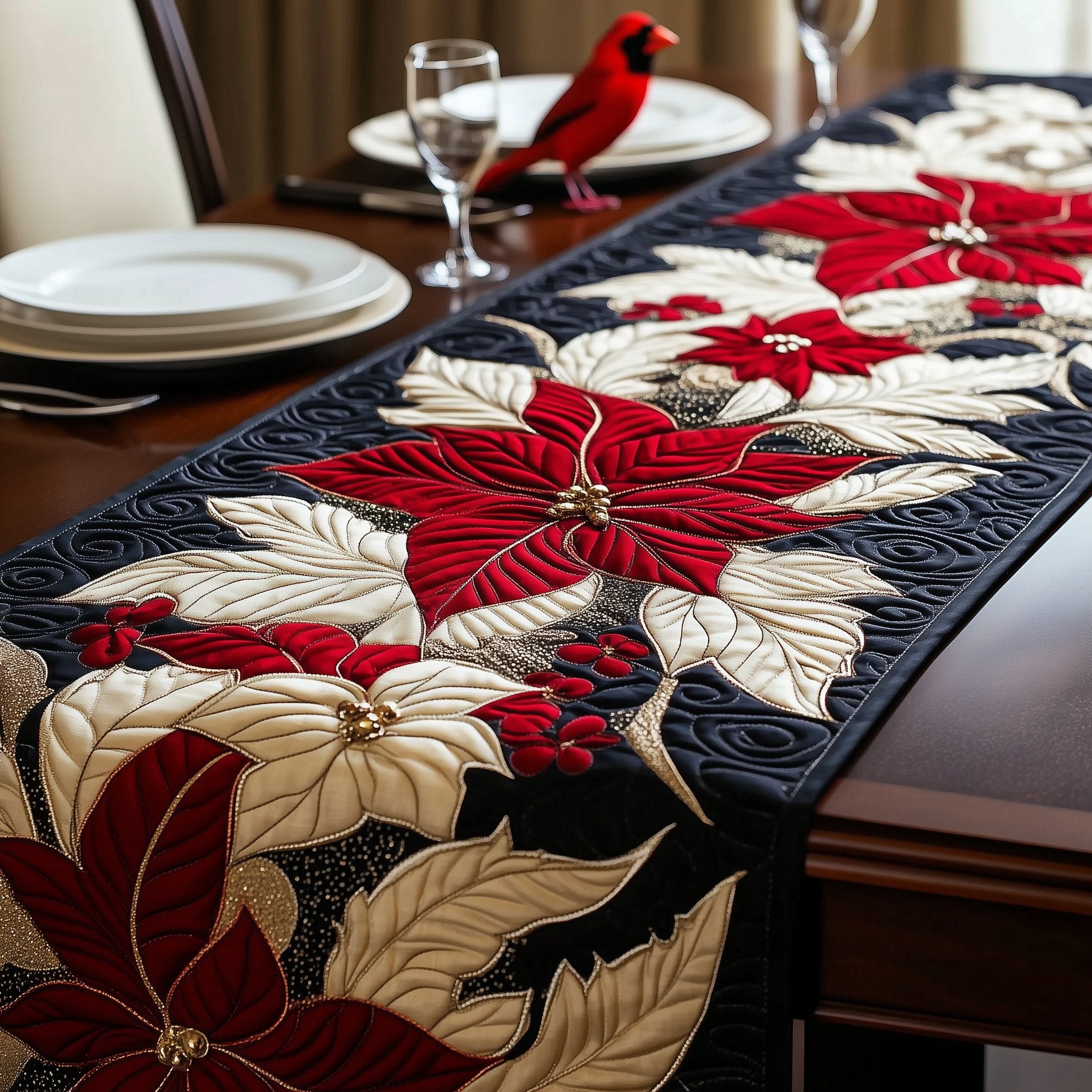 Red Poinsettias with Cream Leaves Table Runner