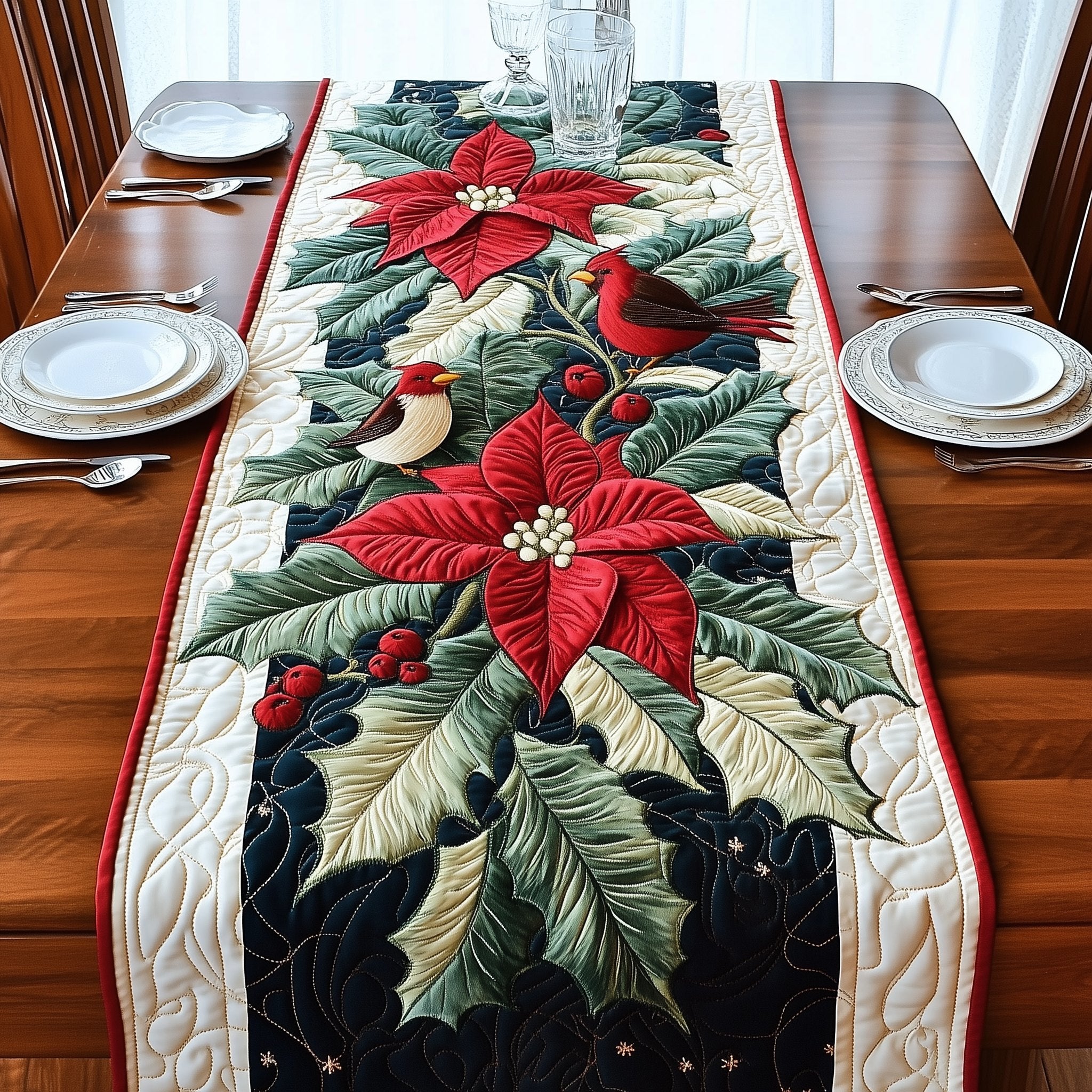 Cardinal with Poinsettia on Green Table Runner