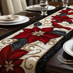 Red Poinsettias on White Swirls Table Runner