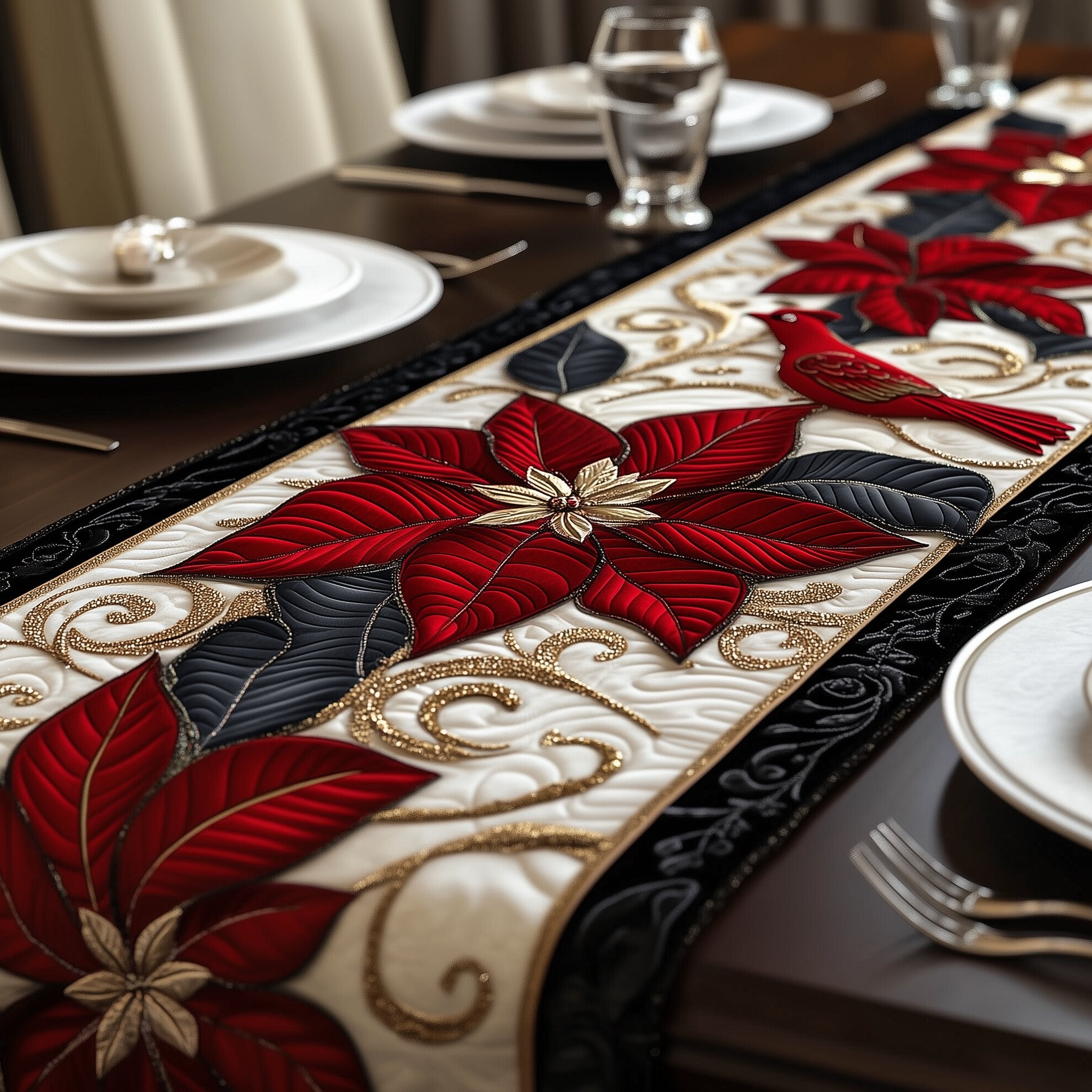 Red Poinsettias on White Swirls Table Runner