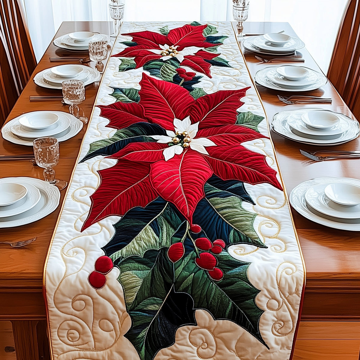 Red Poinsettia with Holly Berries Table Runner