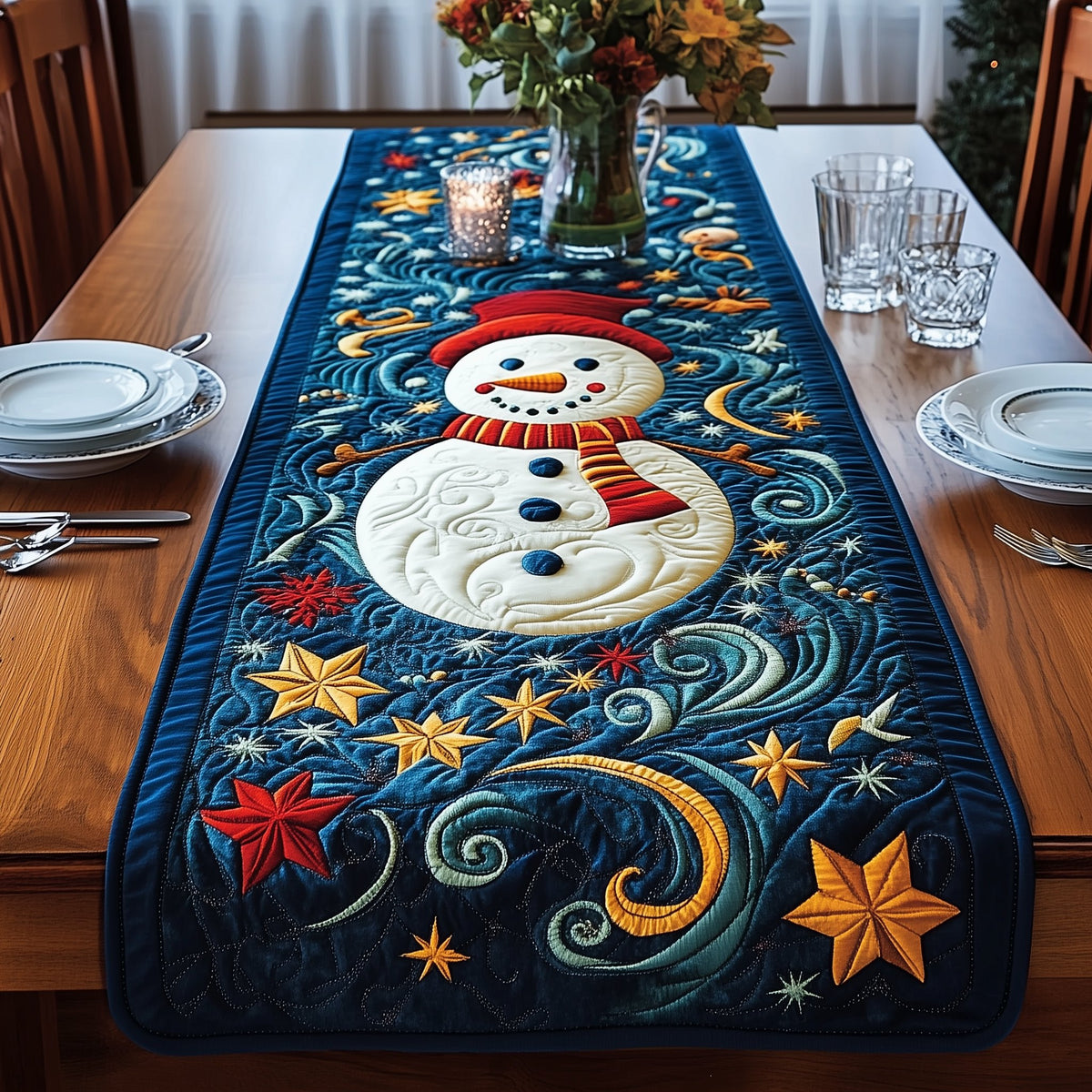 Snowman on Navy with Gold Stars Table Runner
