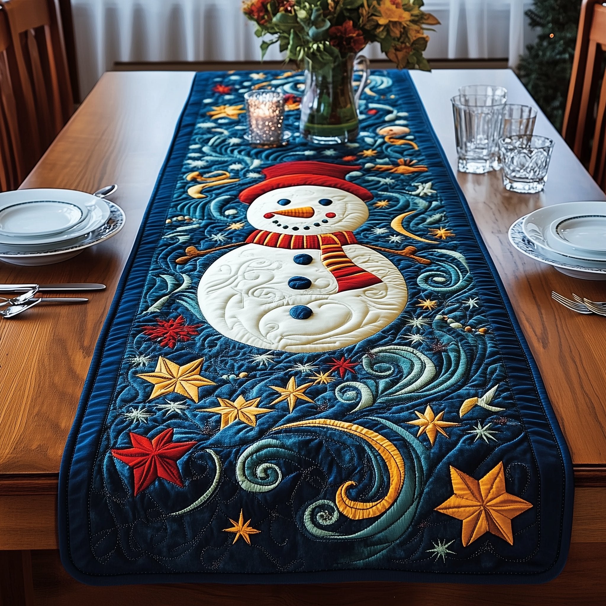 Snowman on Navy with Gold Stars Table Runner