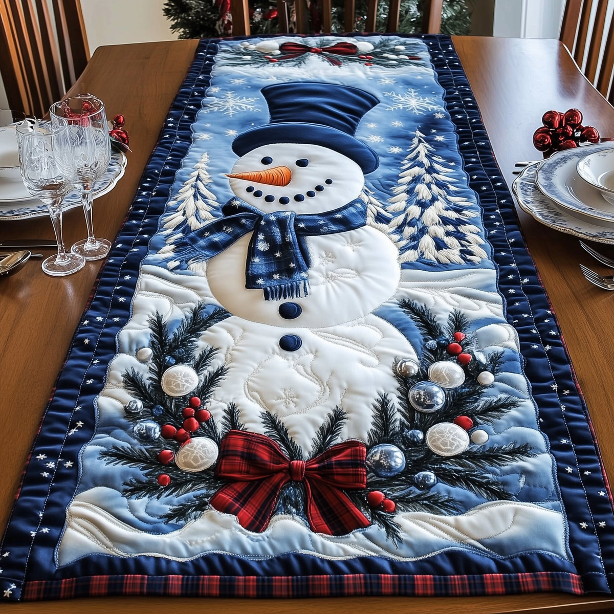 Snowman with a Red Bow Table Runner