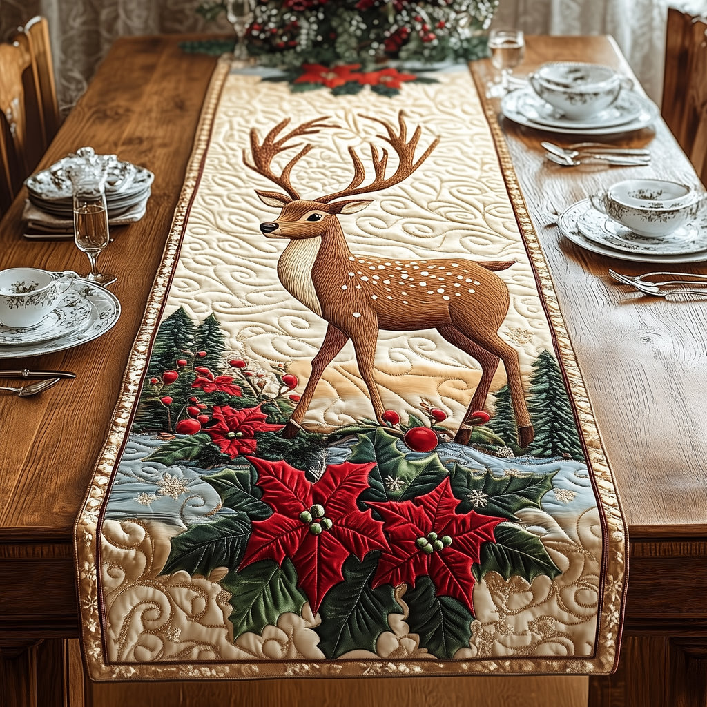 Deer with Poinsettias on Cream Table Runner