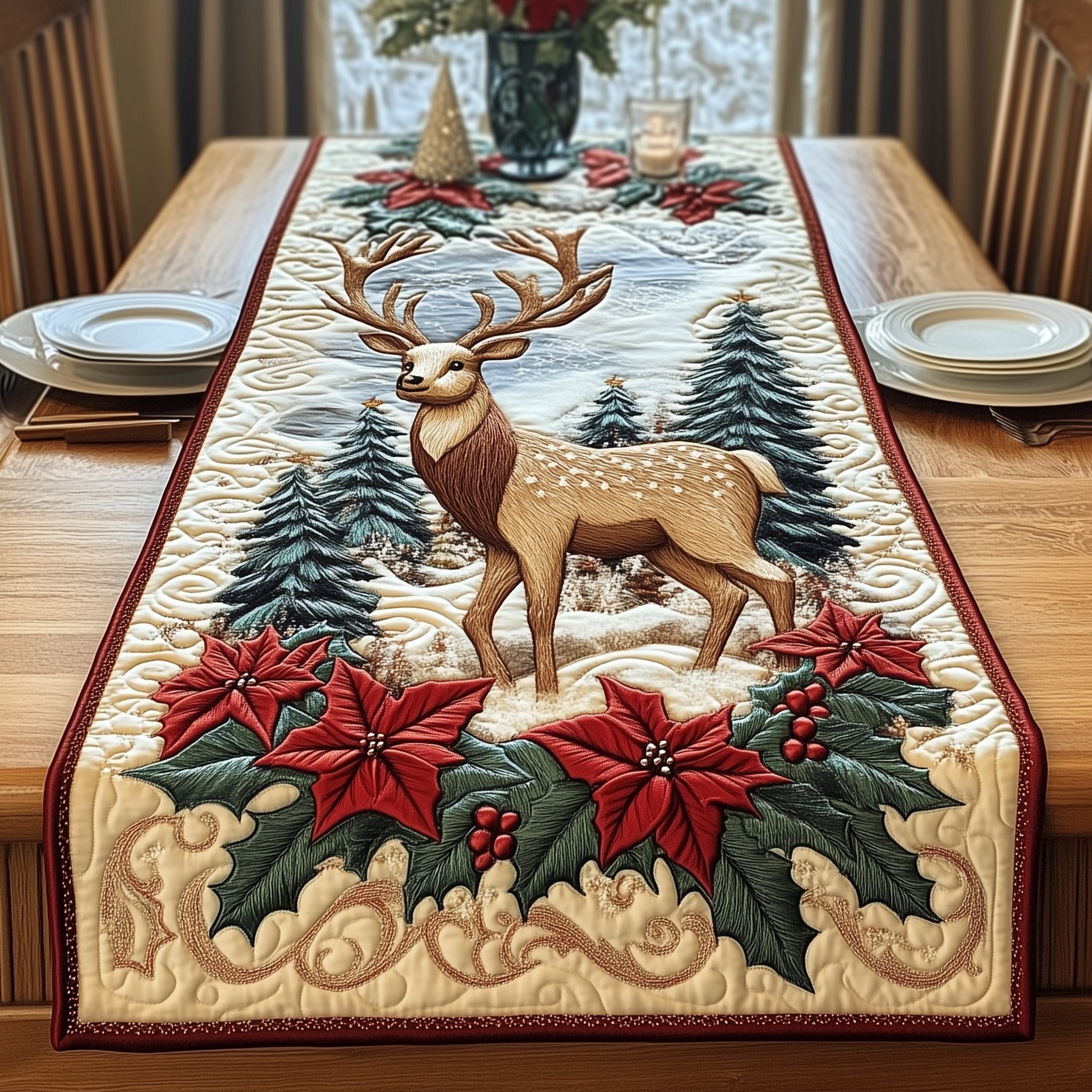Stag with Poinsettias and Pines Table Runner