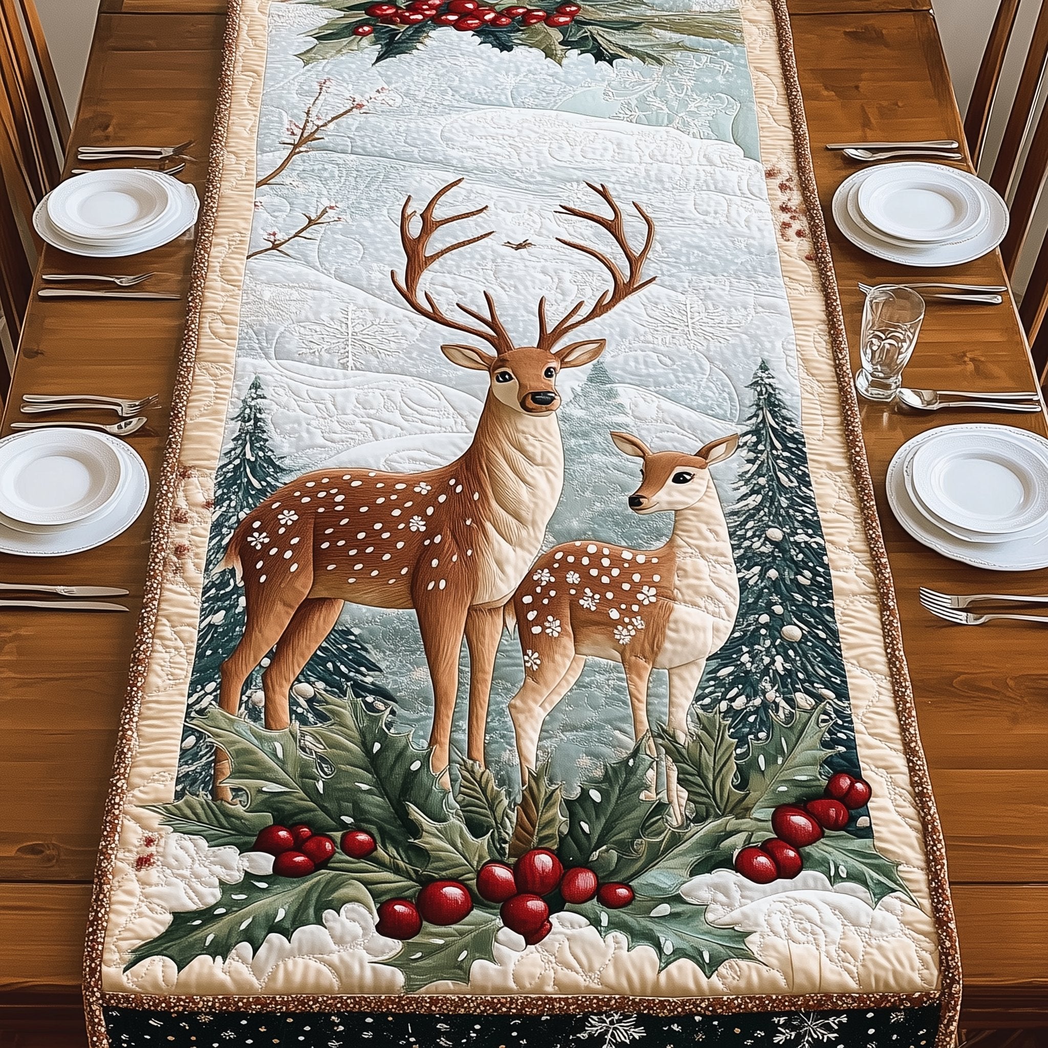 Two Deer in a Snowy Forest Table Runner