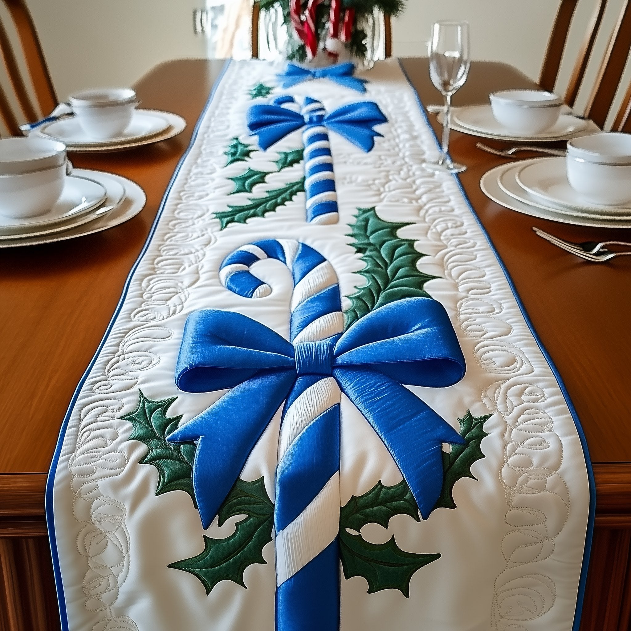 Candy Canes with a Blue Bow Table Runner