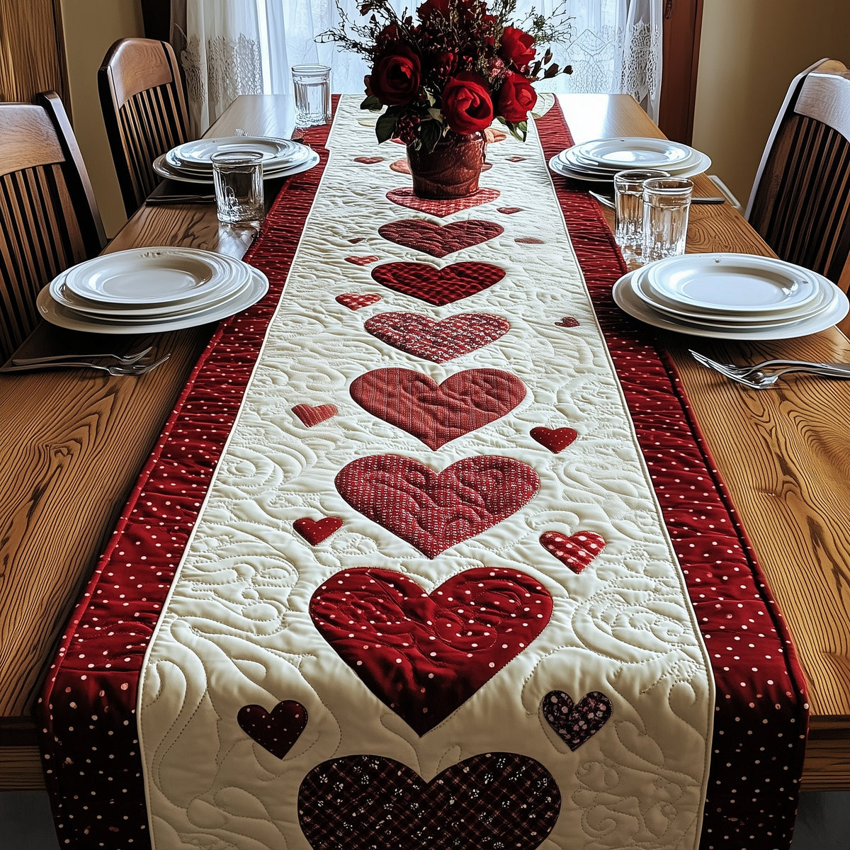 Red Hearts on Cream with Red Border Table Runner