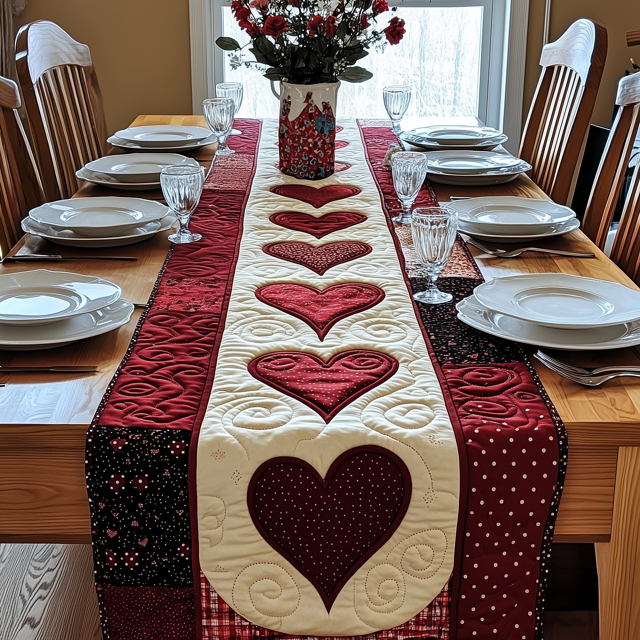 Burgundy Hearts on Cream Strip Table Runner