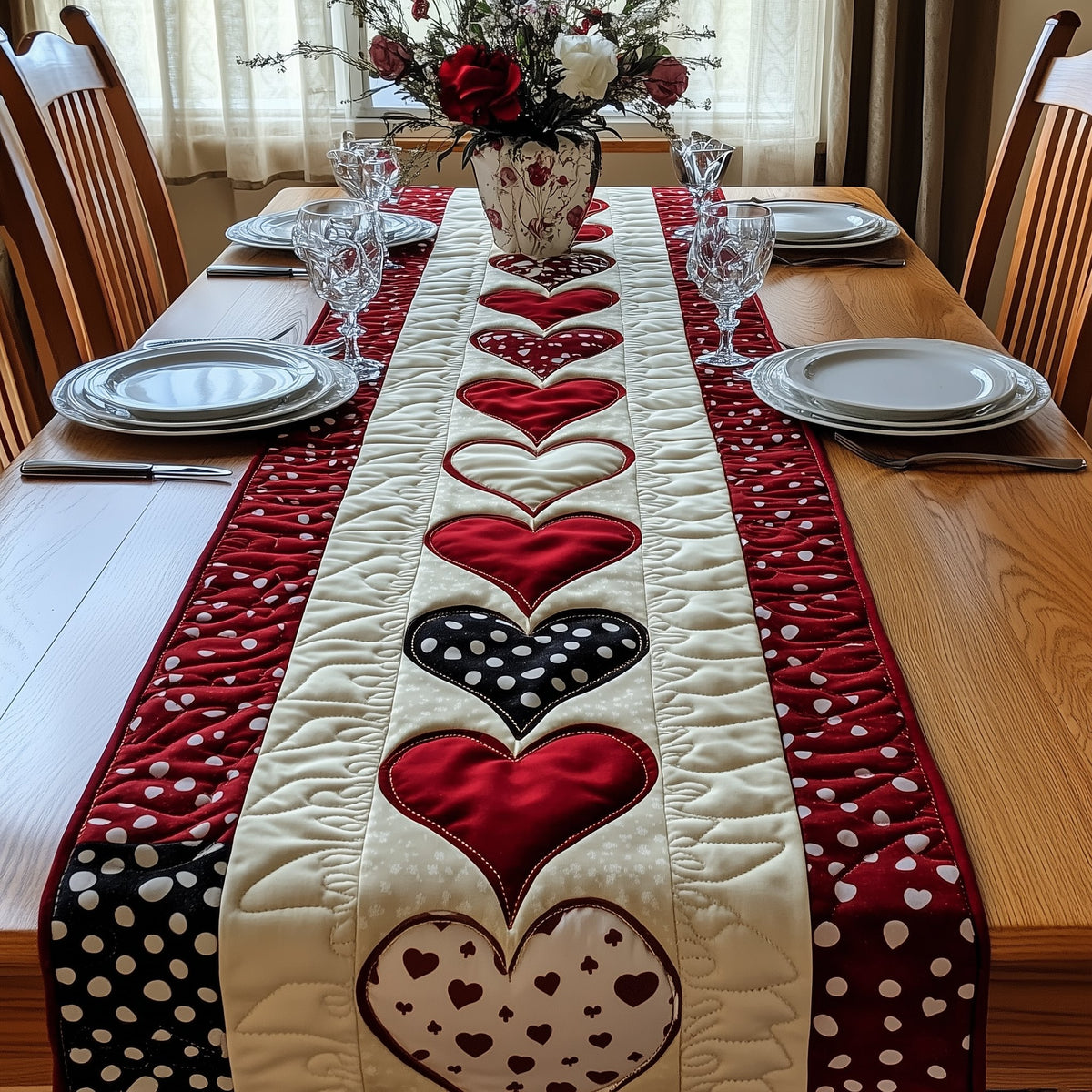 Hearts in Red Black and White Table Runner