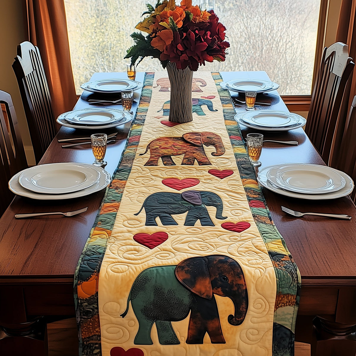 Elephants with Hearts on Cream Table Runner
